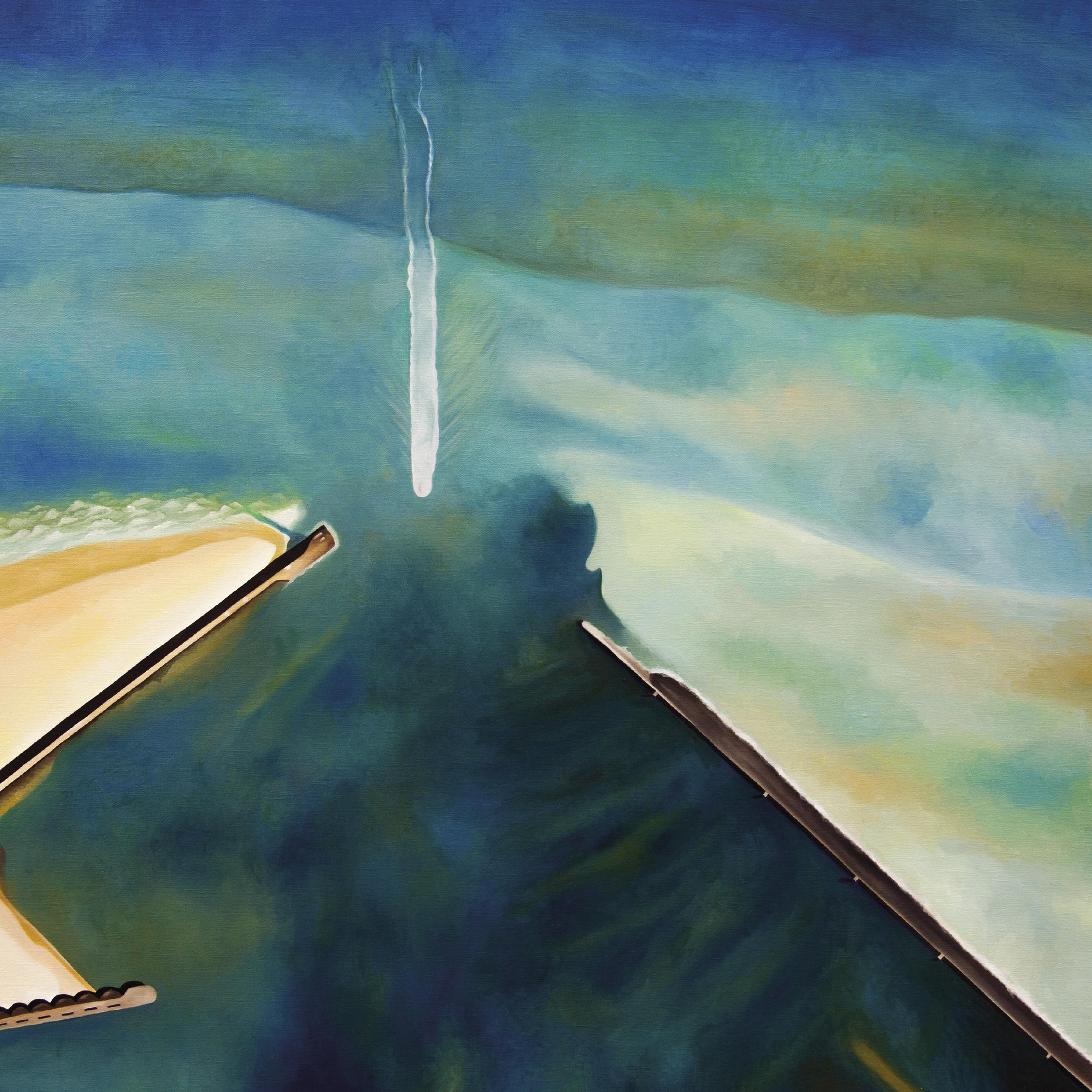 Landscape Painting Antony Squizzato - « Port of Dunkerque », peinture à l'huile d'une vue en ciel d'un navire traversant des eaux brisées