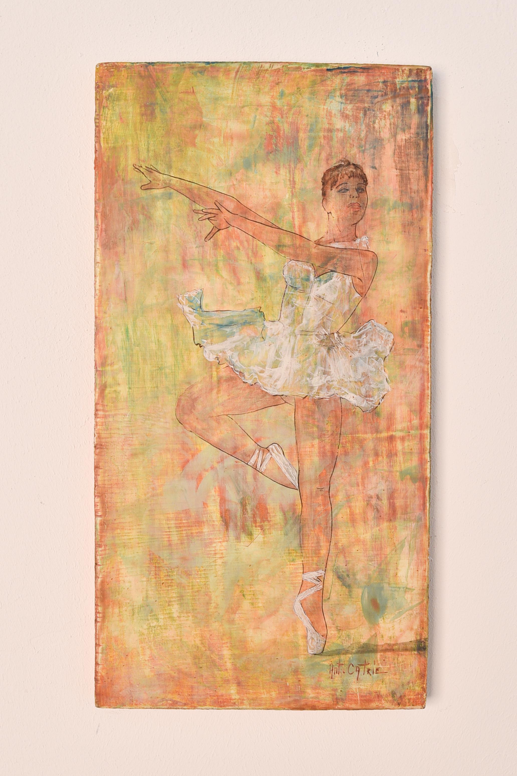 Ballerina Tänzerin auf vivid gelb und orange Hintergrund  – Painting von Antoon Catrie