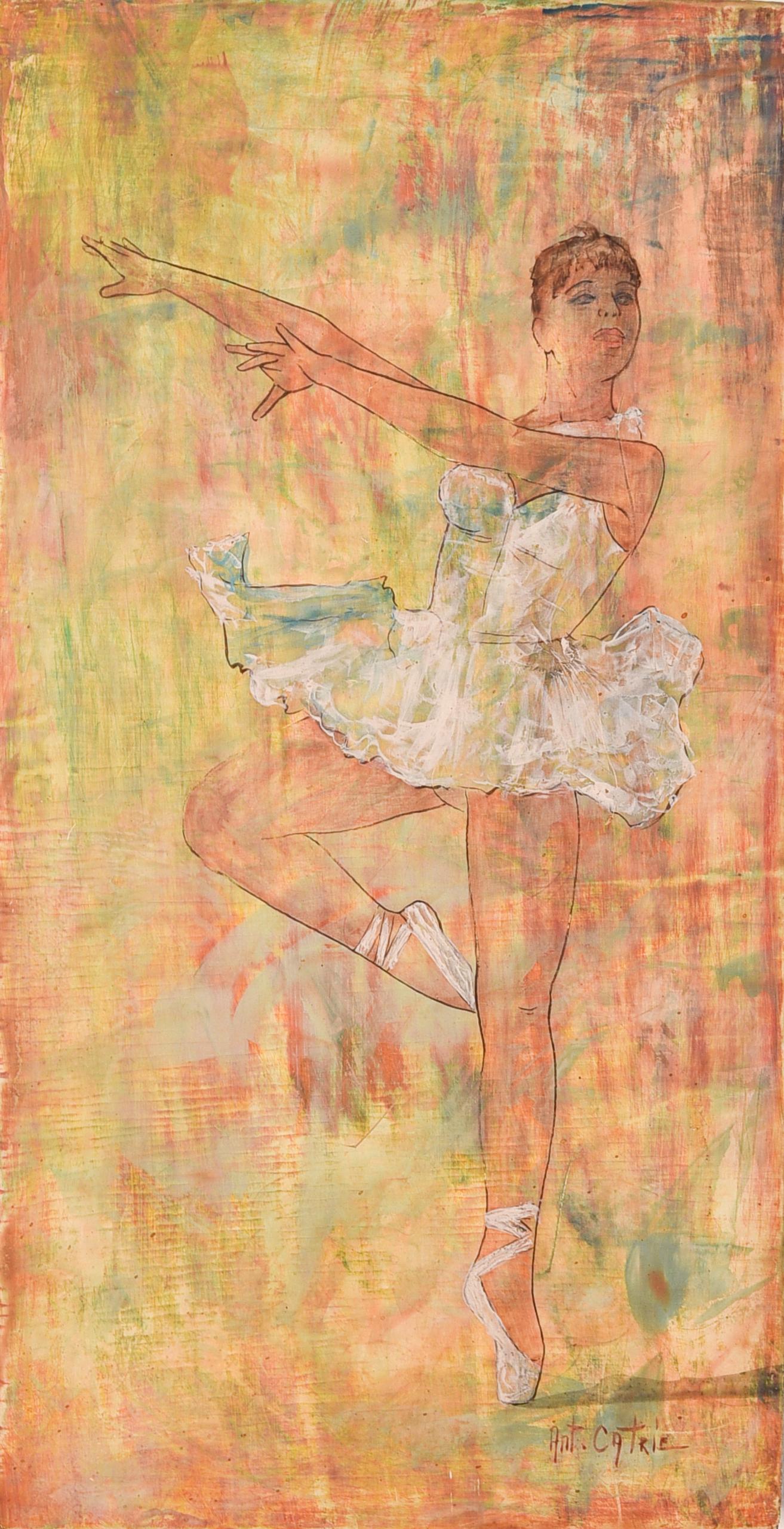 Antoon Catrie Figurative Painting – Ballerina Tänzerin auf vivid gelb und orange Hintergrund 