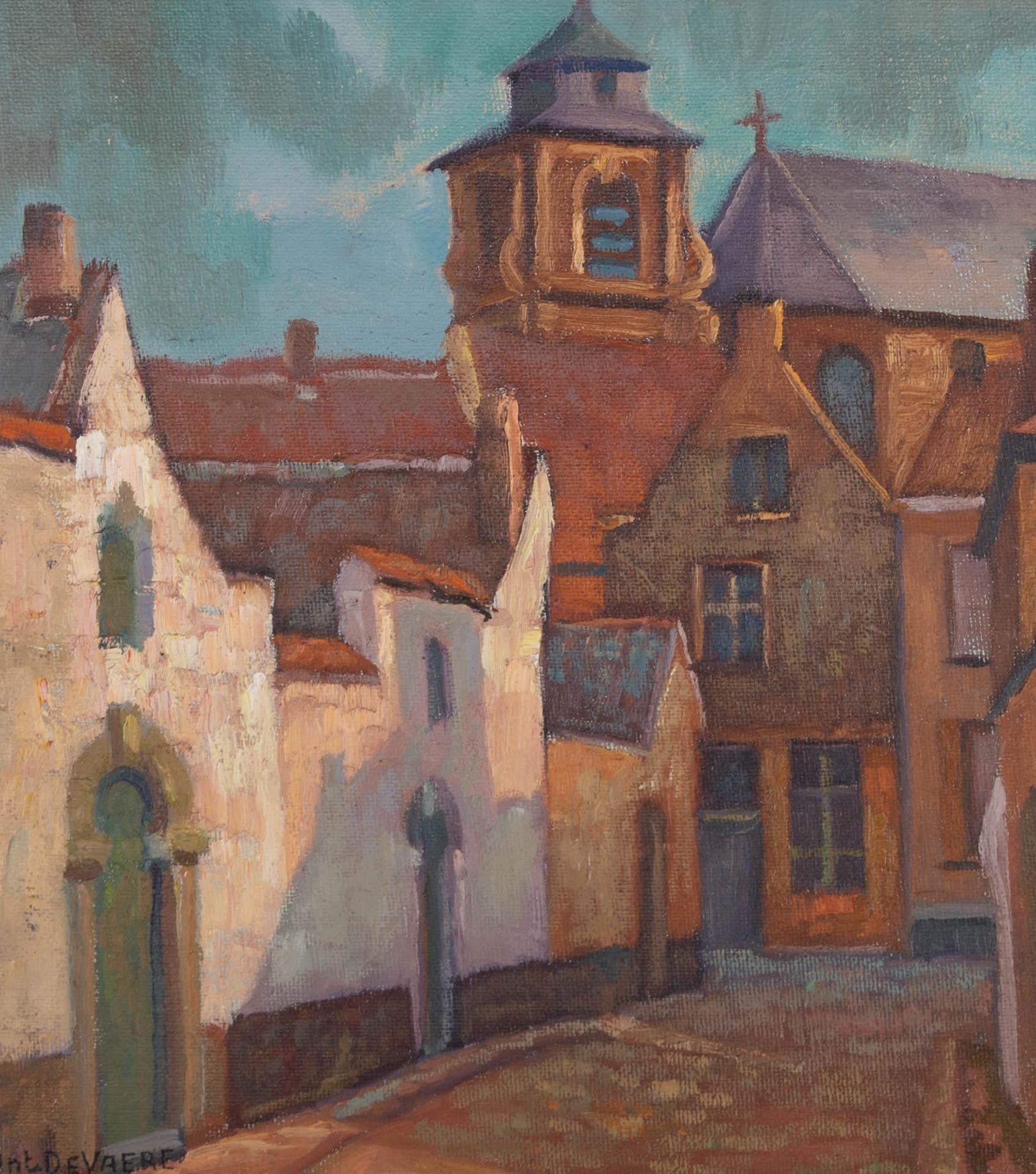 This charming study depicts a back street of a continental town in rich colours and bold forms. The artist has used a impasto technique in the foreground to create a contrast in texture to the matte background. Signed to the lower right. Well