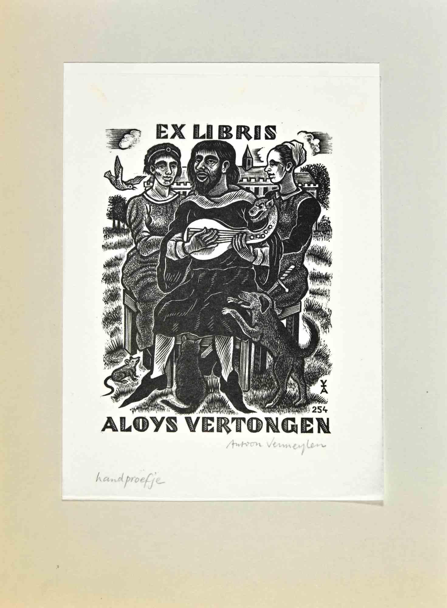 Ex-Libris Aloys Vertongen es una Obra de Arte realizada en los años 90 por el Artista belga Antoon Vermeylen 

Grabado xilográfico B./W. sobre papel carbón. Firmado a mano en el margen derecho. La obra está pegada sobre cartón gris. 

Dimensiones