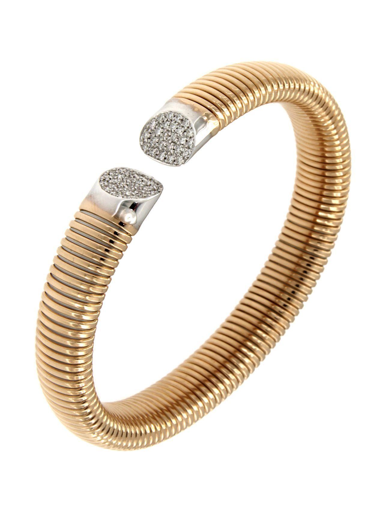 Pulsera flexible y adaptable con tubogas artesanales que 
se ajusta a muñecas de 7,87 pulgadas de medianas a grandes
Disponible en tres colores de oro, amarillo, blanco y rosa.
Oro peso 18,5GR y Diamantes 0,33Carat
El vídeo es de una pulsera similar