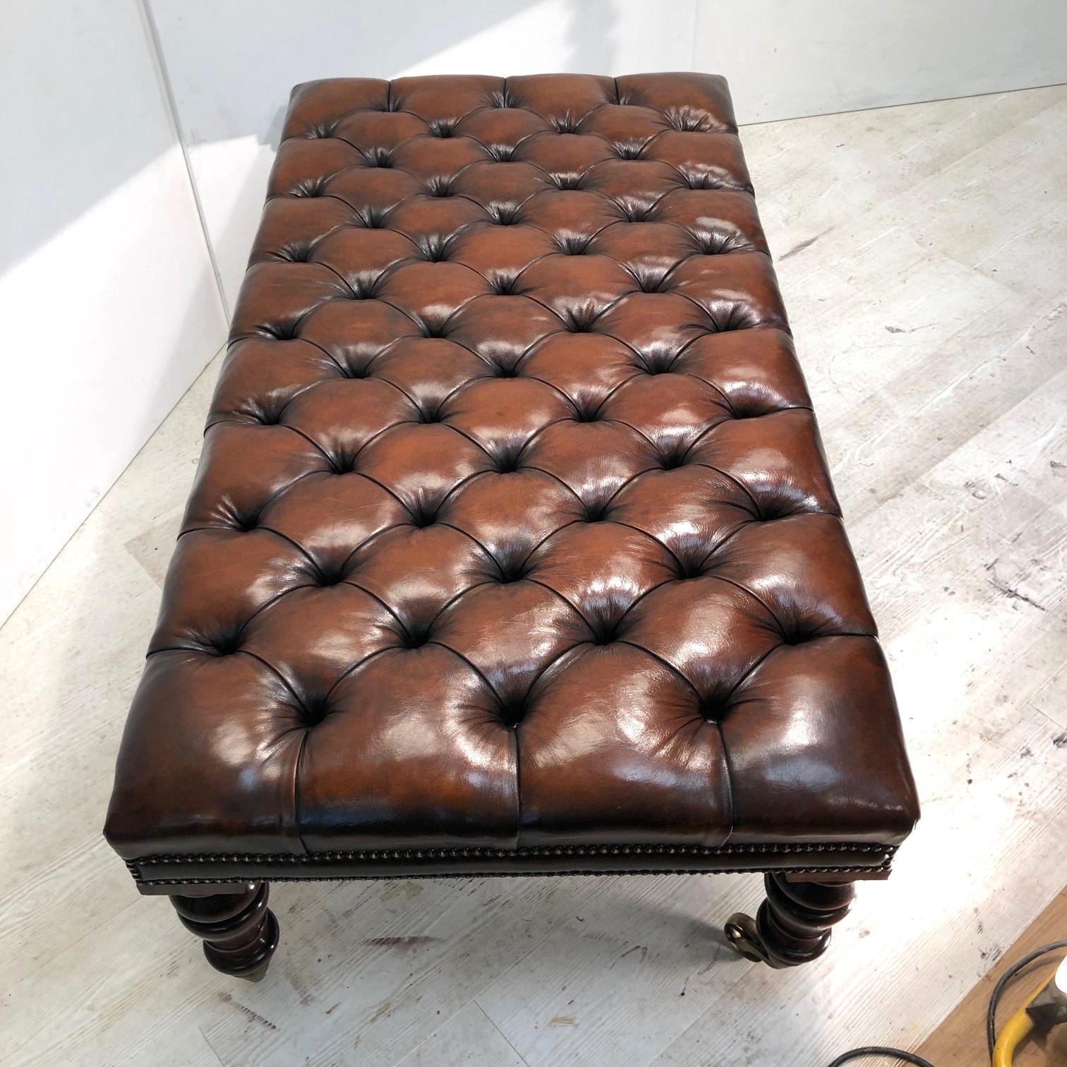 Hand-Crafted Antqiue Chesterfield Brown Leather Hearth Footstool Ottoman Wagon Wheel Castors