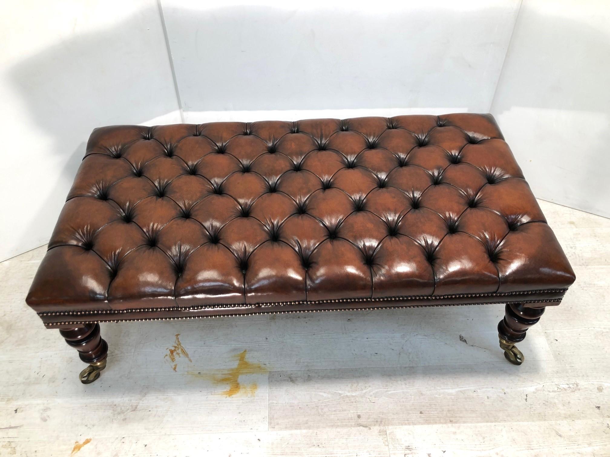 Antqiue Chesterfield Brown Leather Hearth Footstool Ottoman Wagon Wheel Castors 2