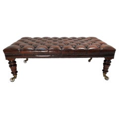 Used Antqiue Chesterfield Brown Leather Hearth Footstool Ottoman Wagon Wheel Castors