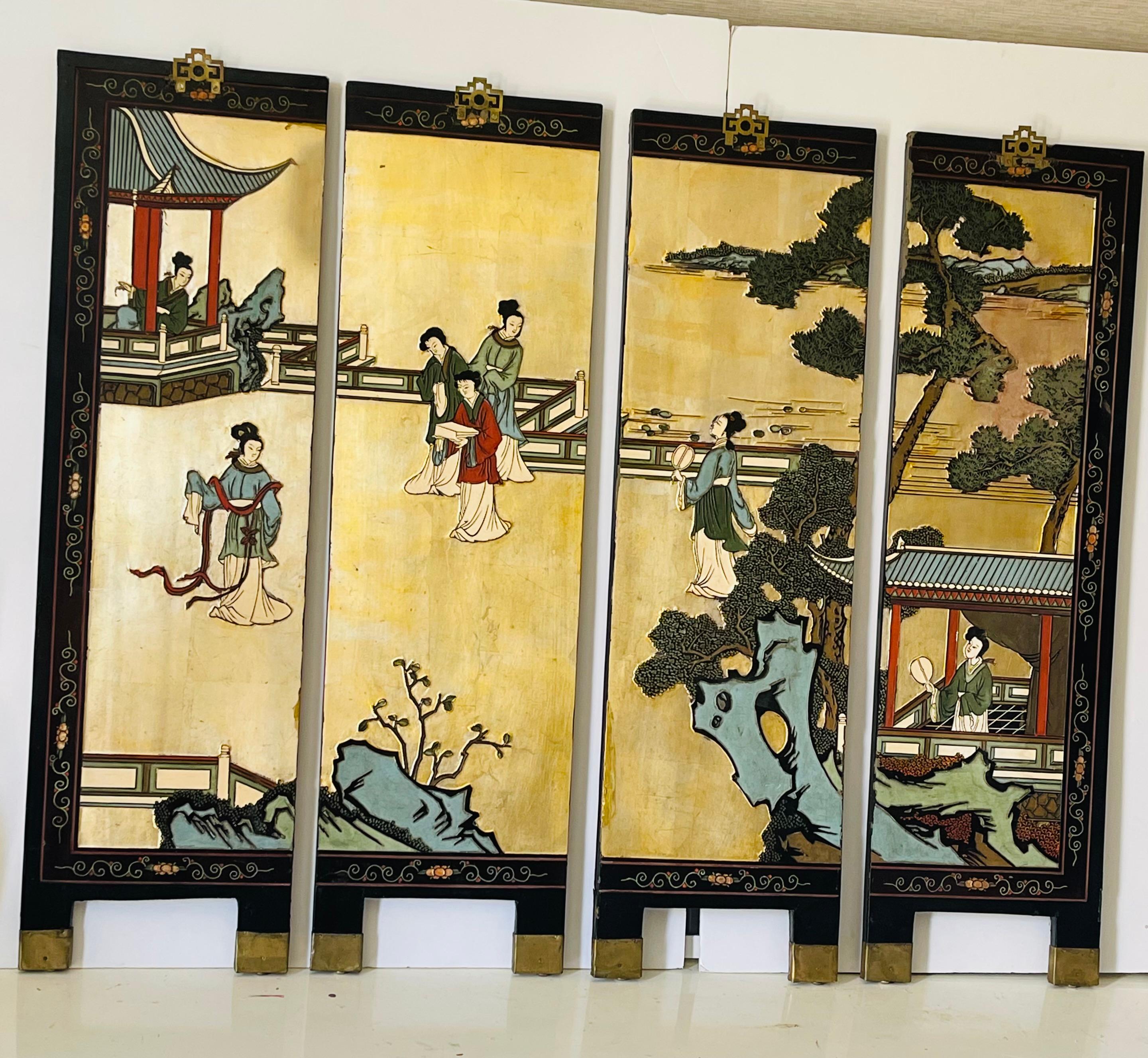 Cineserie Schermo cinese da parete in oro Antque a doppia faccia in vendita