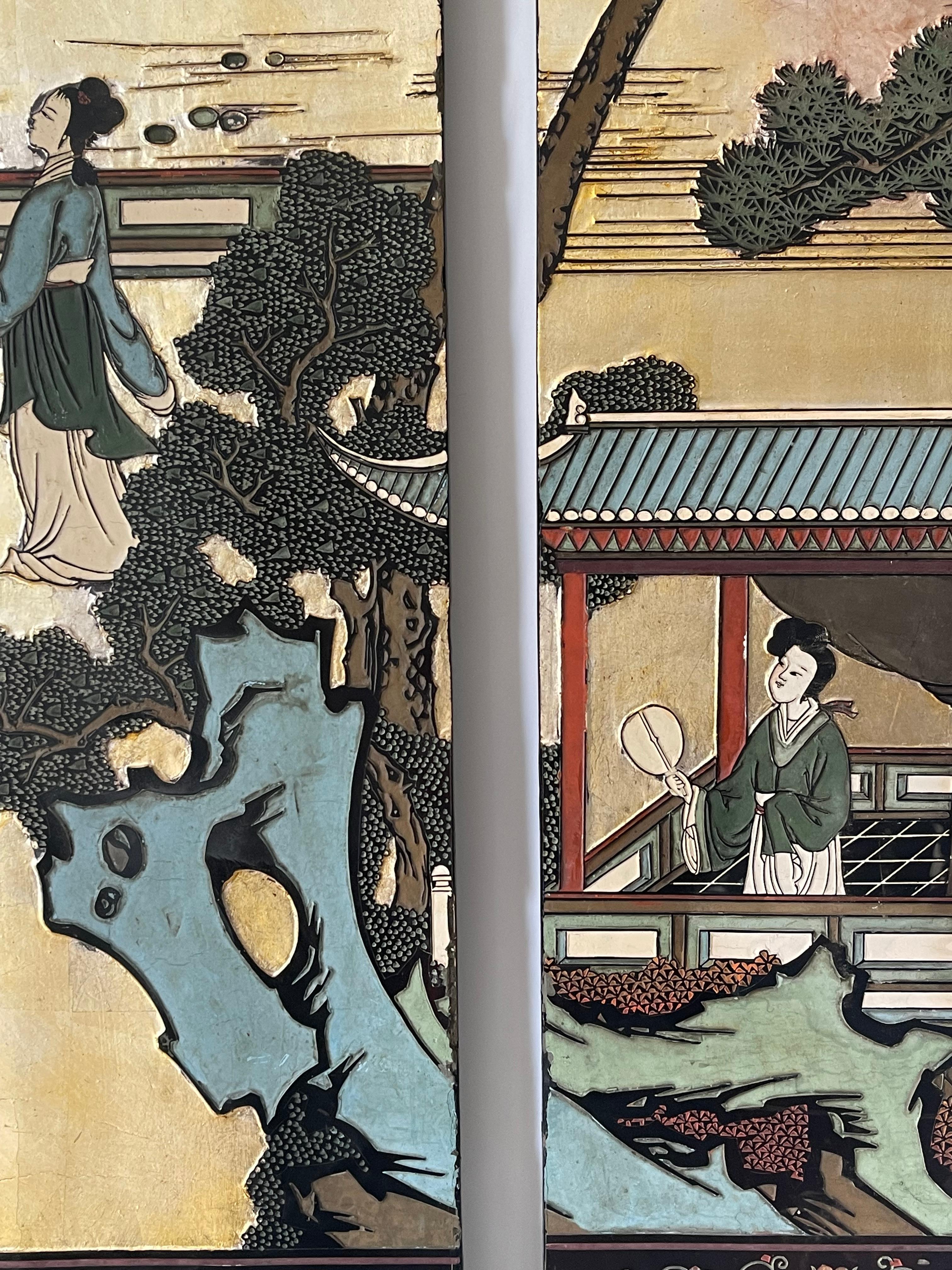 Metà XX secolo Schermo cinese da parete in oro Antque a doppia faccia in vendita