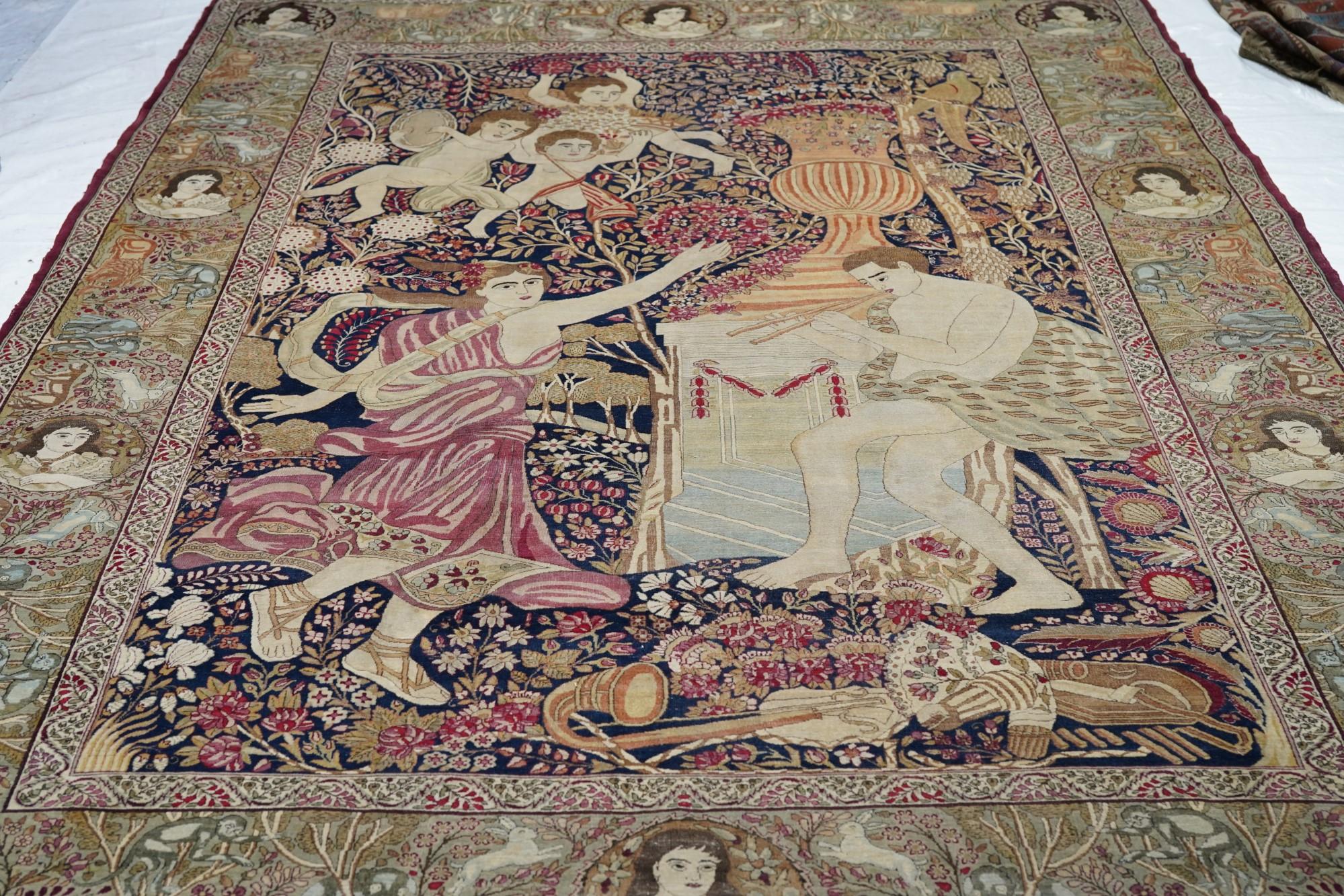 Late 19th Century Antque Kerman Pictorial Rug For Sale