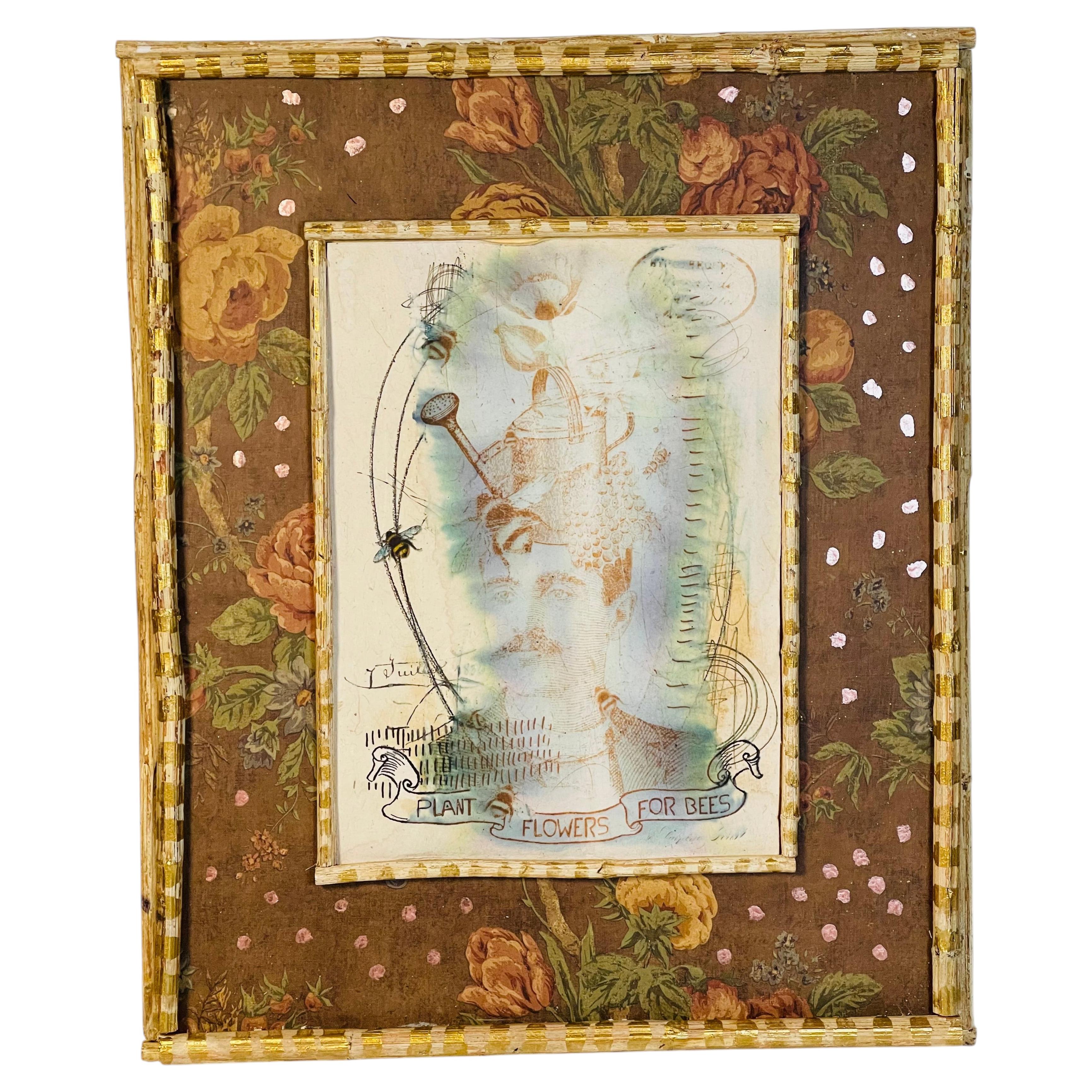 Antque Poster Plant Flowers for Bees in a Rustic Frame For Sale
