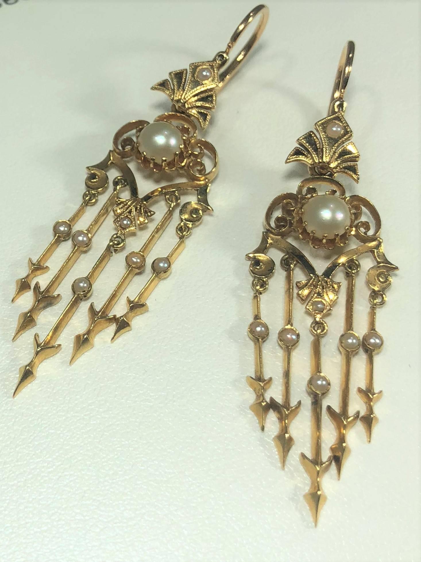 Antique Victorian 18 Karat Natural Pearl and Seed Pearl Chandelier Earrings For Sale 4