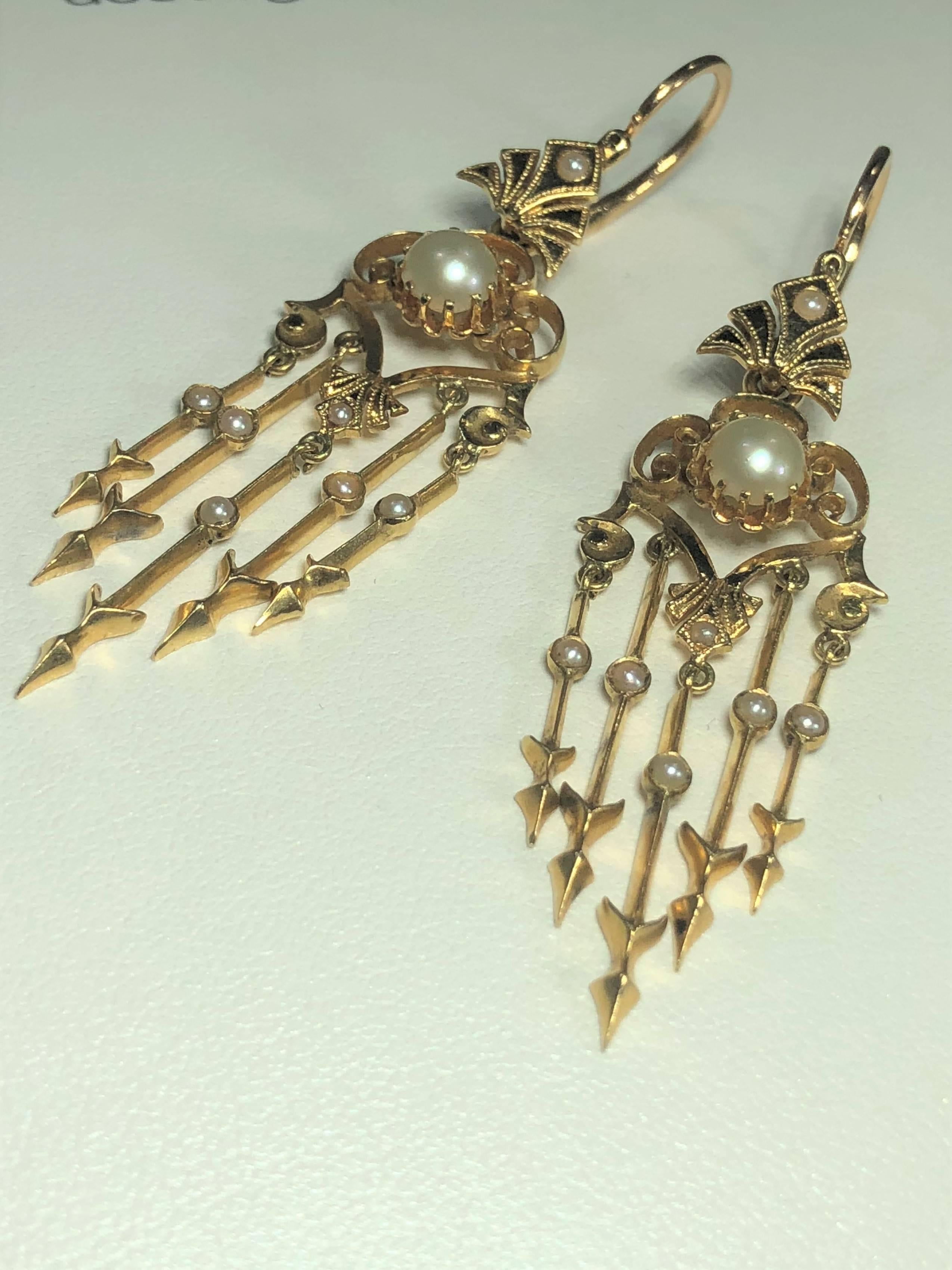 Antique Victorian 18 Karat Natural Pearl and Seed Pearl Chandelier Earrings For Sale 6