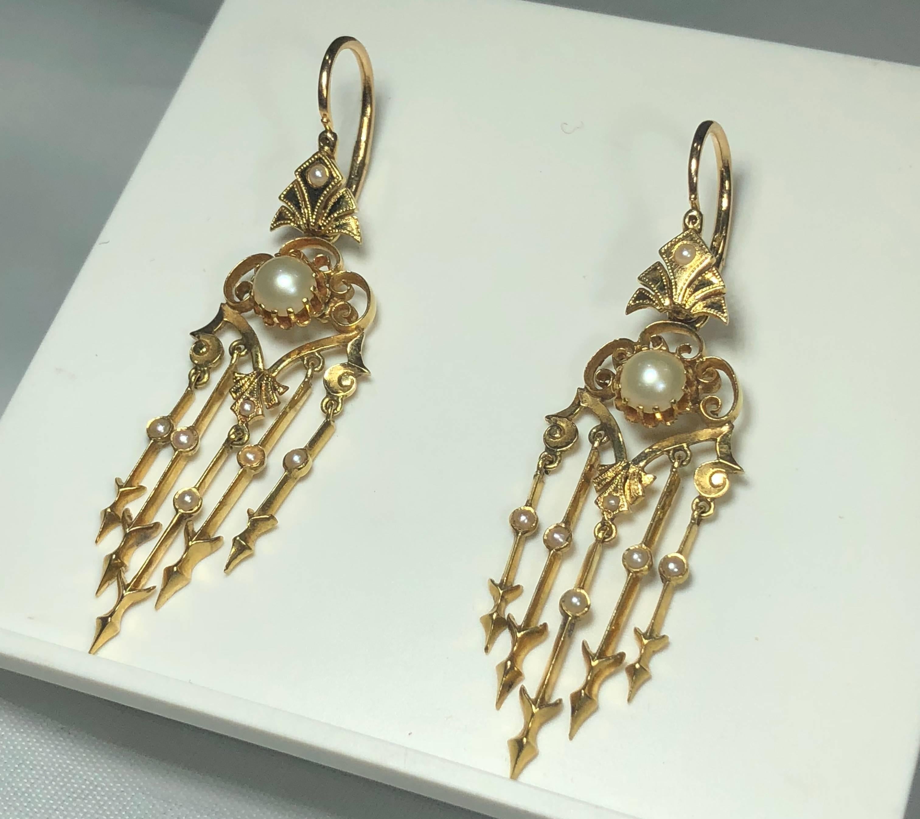 Antique Victorian 18 Karat Natural Pearl and Seed Pearl Chandelier Earrings In Excellent Condition For Sale In Mansfield, OH