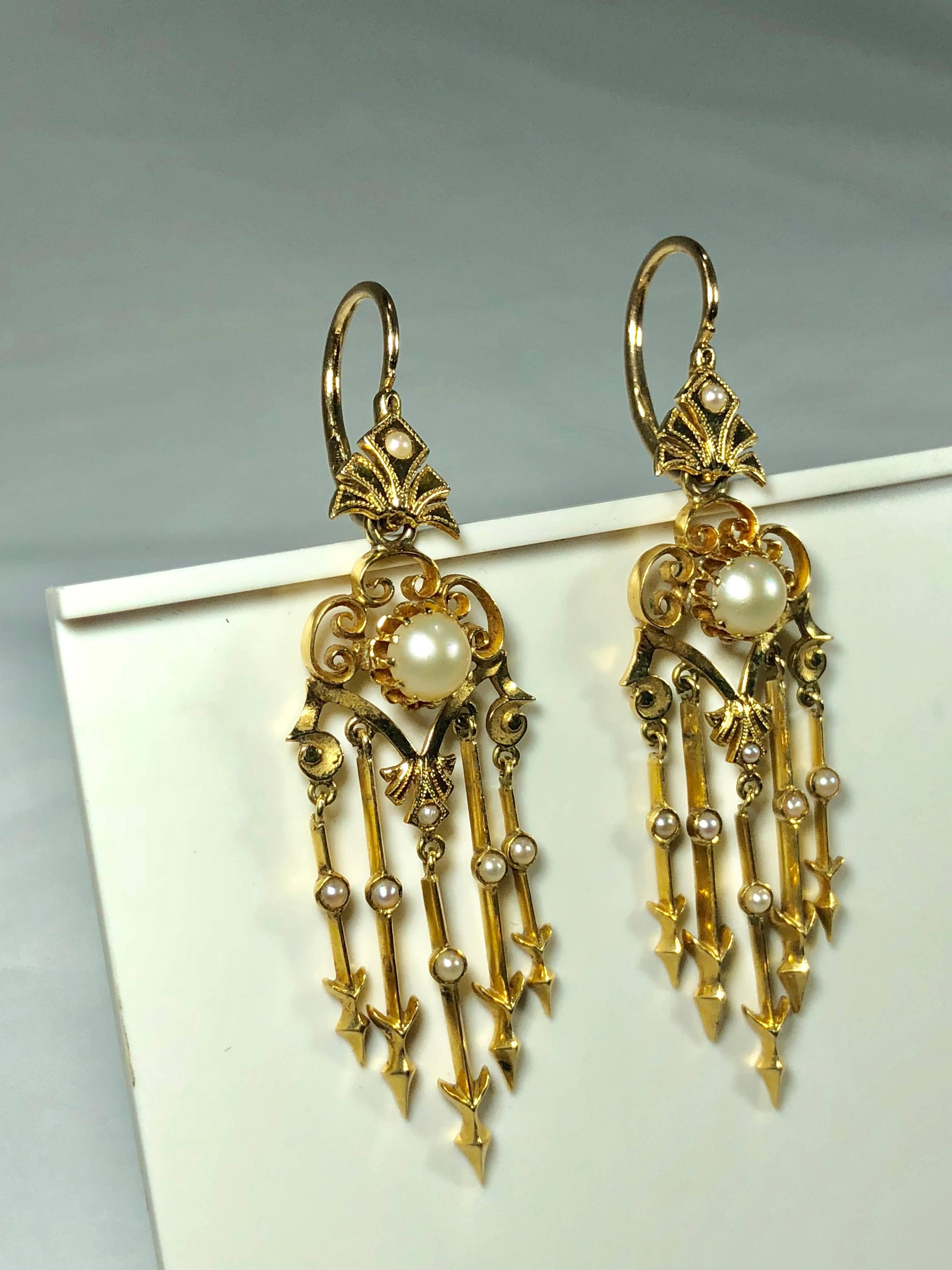 Antique Victorian 18 Karat Natural Pearl and Seed Pearl Chandelier Earrings For Sale 2