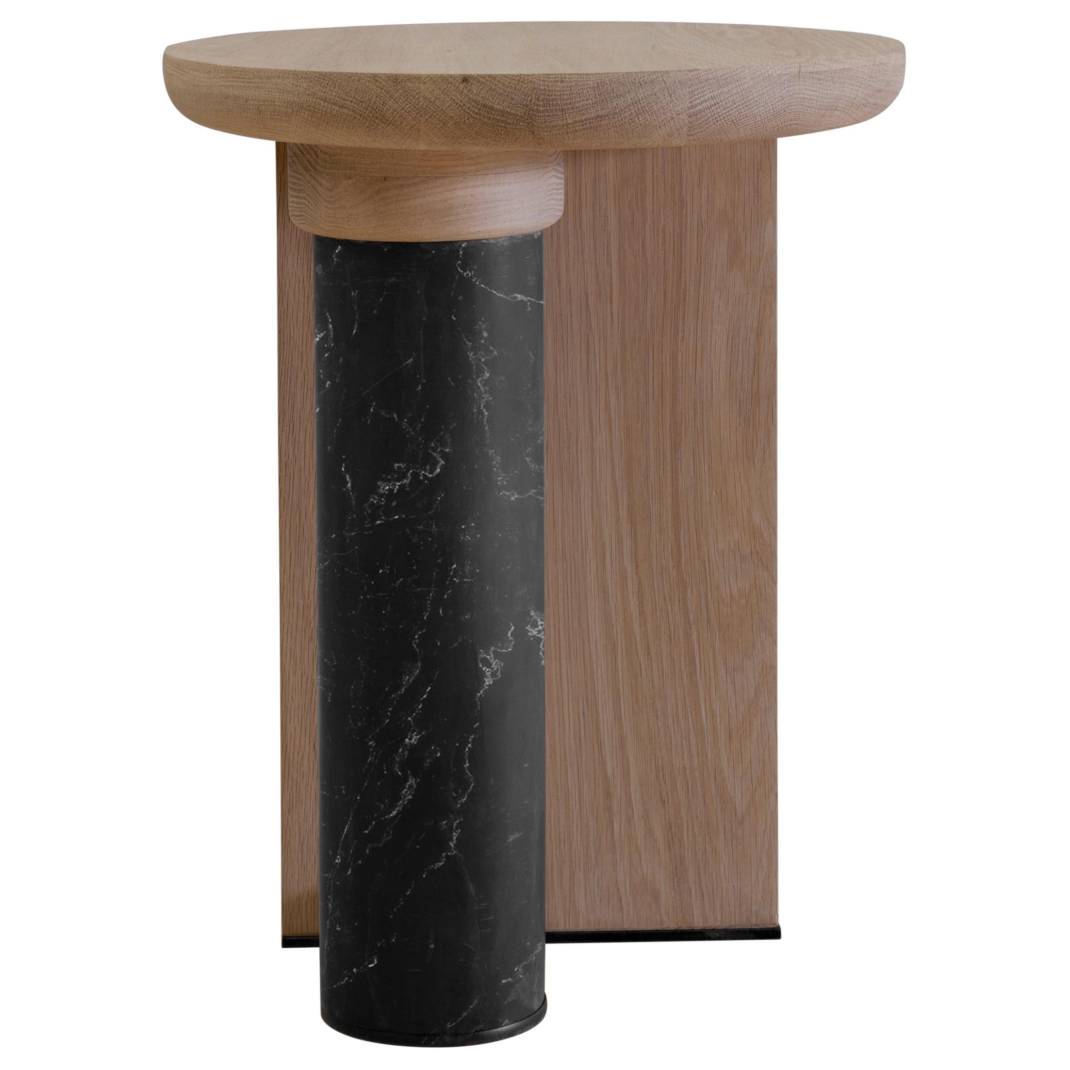 Antropología 06, Sculptural Stool, Side Table Made of Solid Oak Wood and Marble