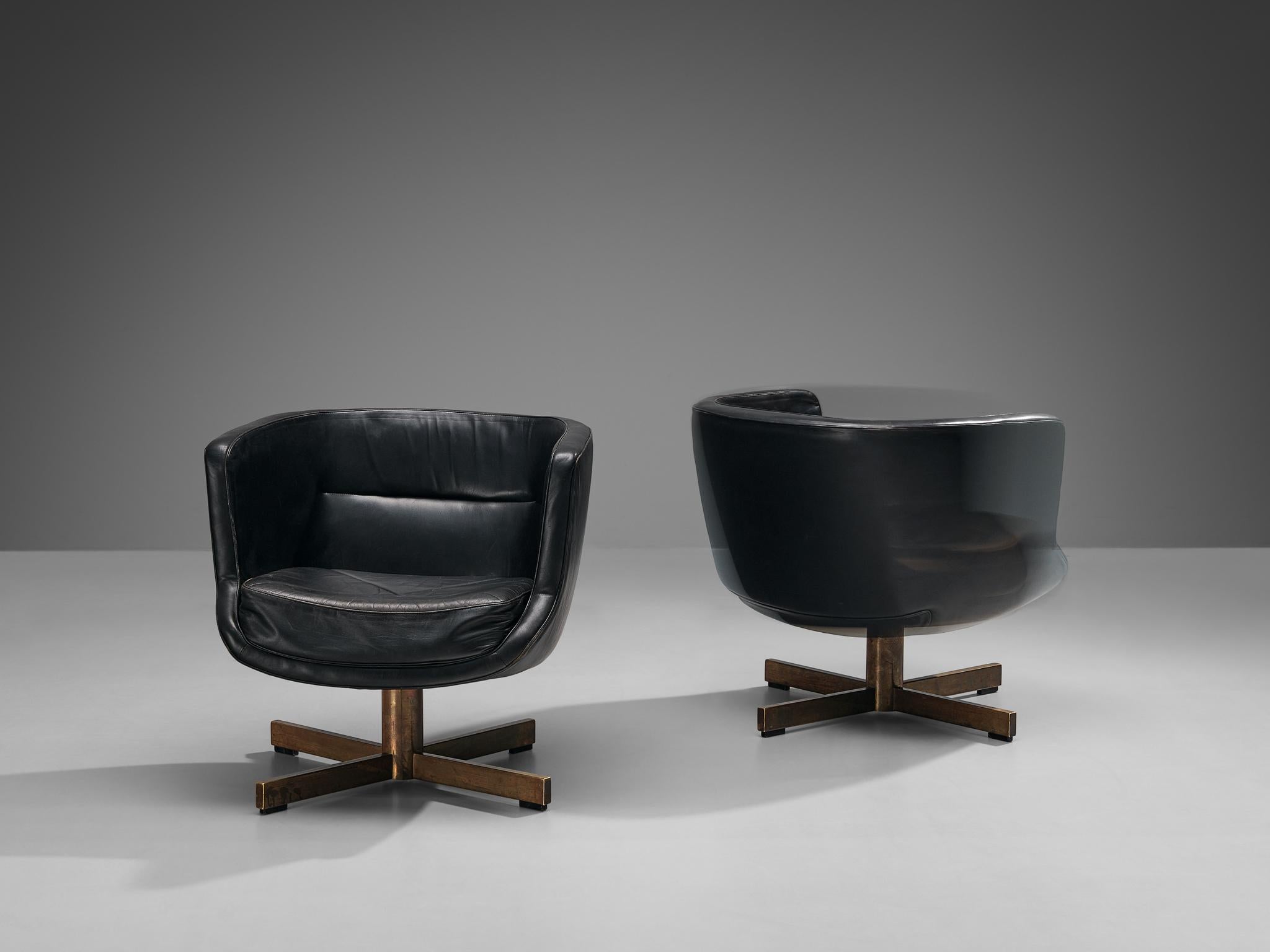Brass Antti Nurmesniemi Pair of Custom Made Lounge Chairs in Black Leather