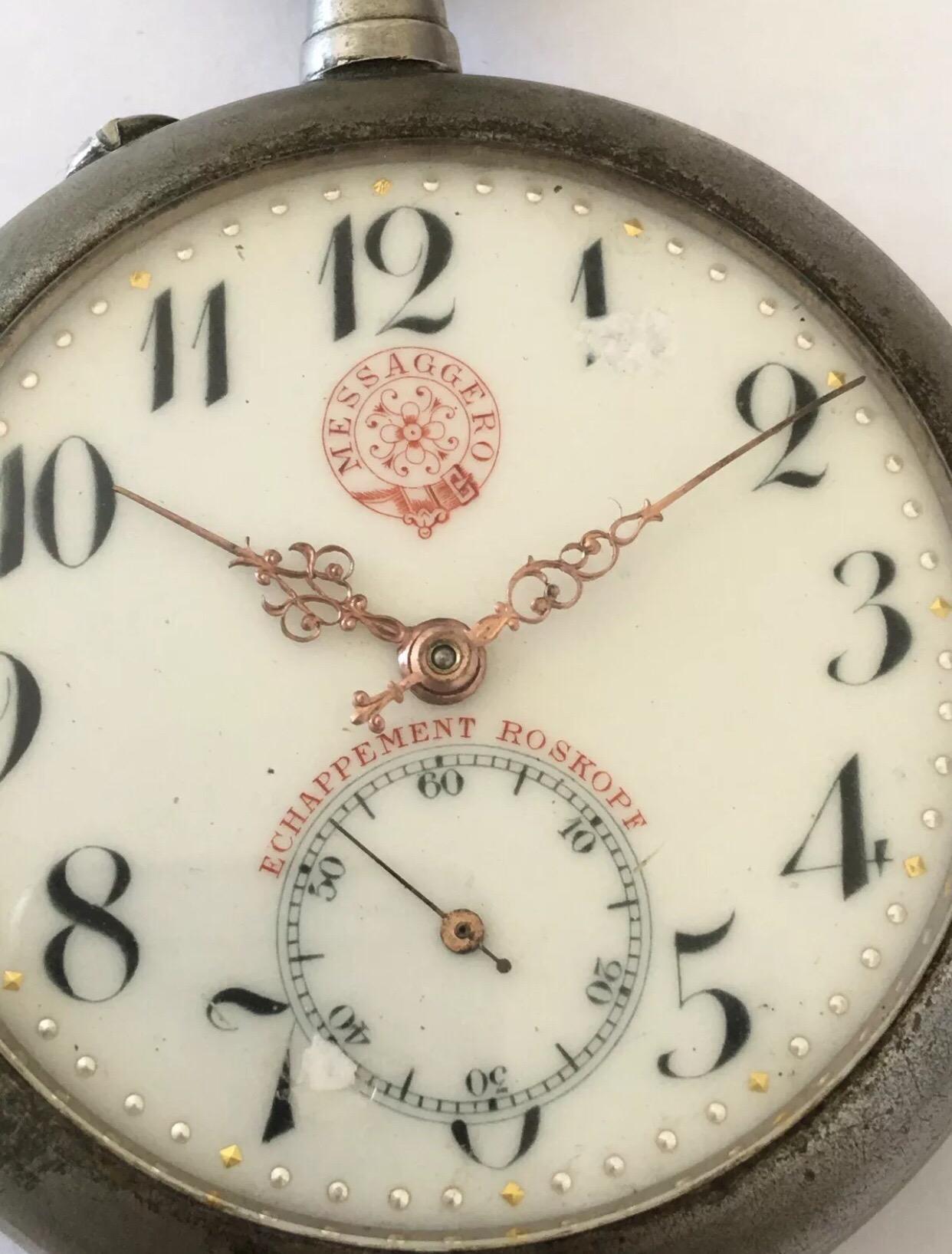 Antuque Grande montre de poche signée Messaggero, Echappement Roskopf en vente 6
