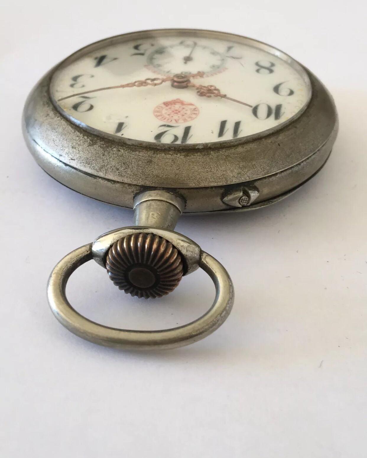 Antuque Grande montre de poche signée Messaggero, Echappement Roskopf en vente 7