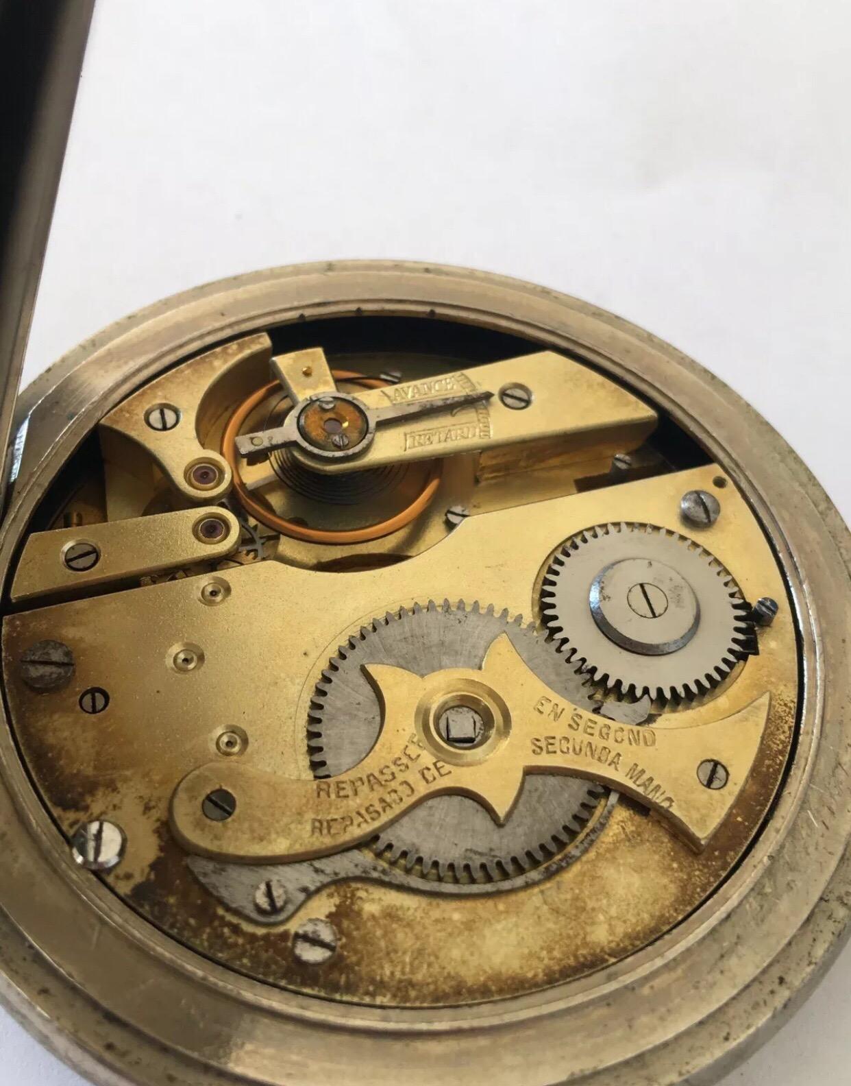 Antuque Grande montre de poche signée Messaggero, Echappement Roskopf en vente 4