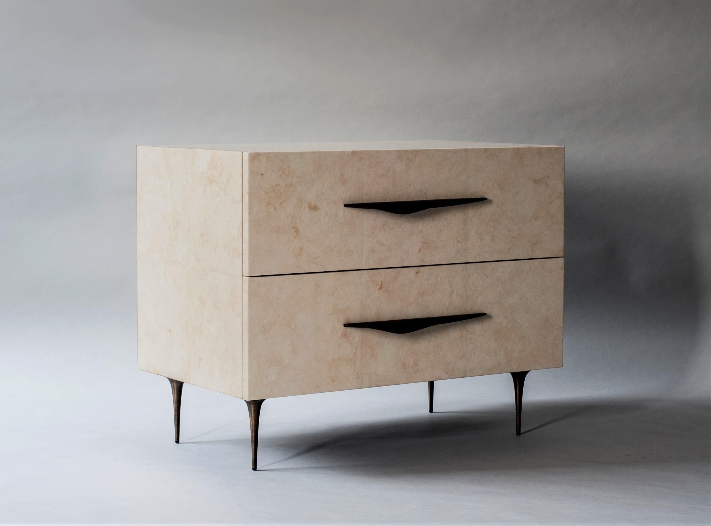 Mid-Century Modern Antwerp Bedside Table by DeMuro Das with Solid Antique Bronze Handles and Legs For Sale