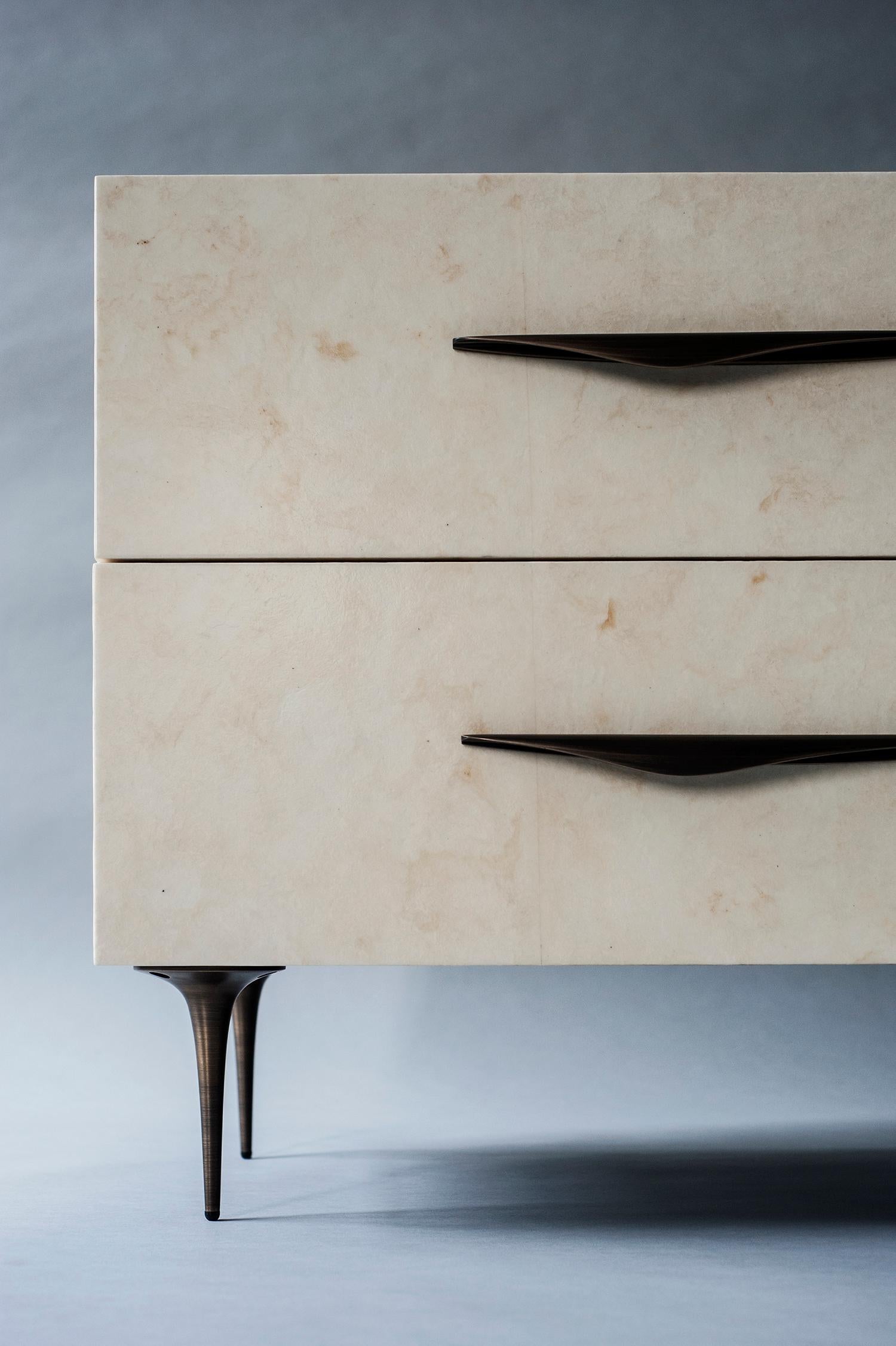 Cast Antwerp Bedside Table by DeMuro Das with Solid Antique Bronze Handles and Legs For Sale