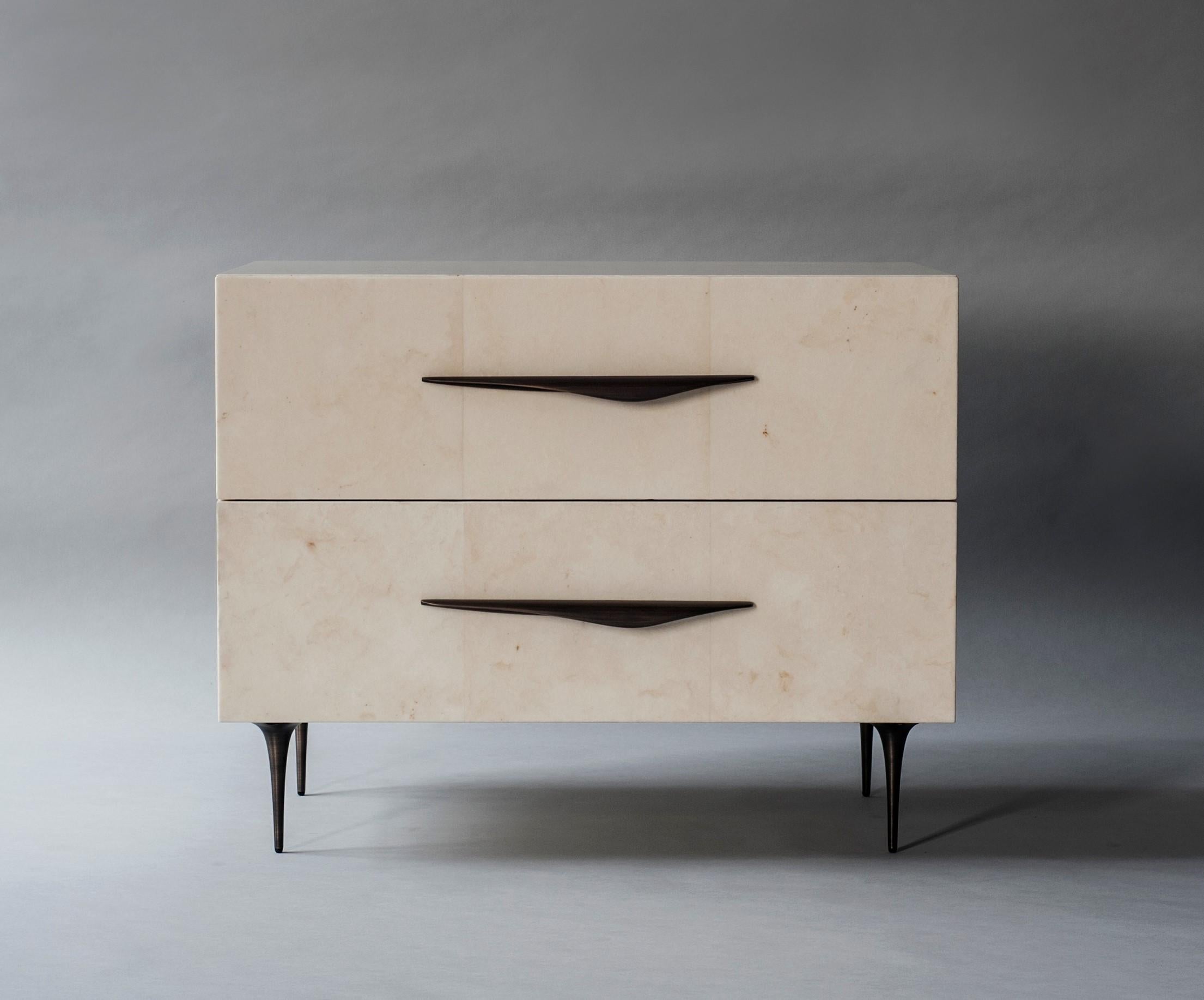 Contemporary Antwerp Bedside Table by DeMuro Das with Solid Antique Bronze Handles and Legs For Sale