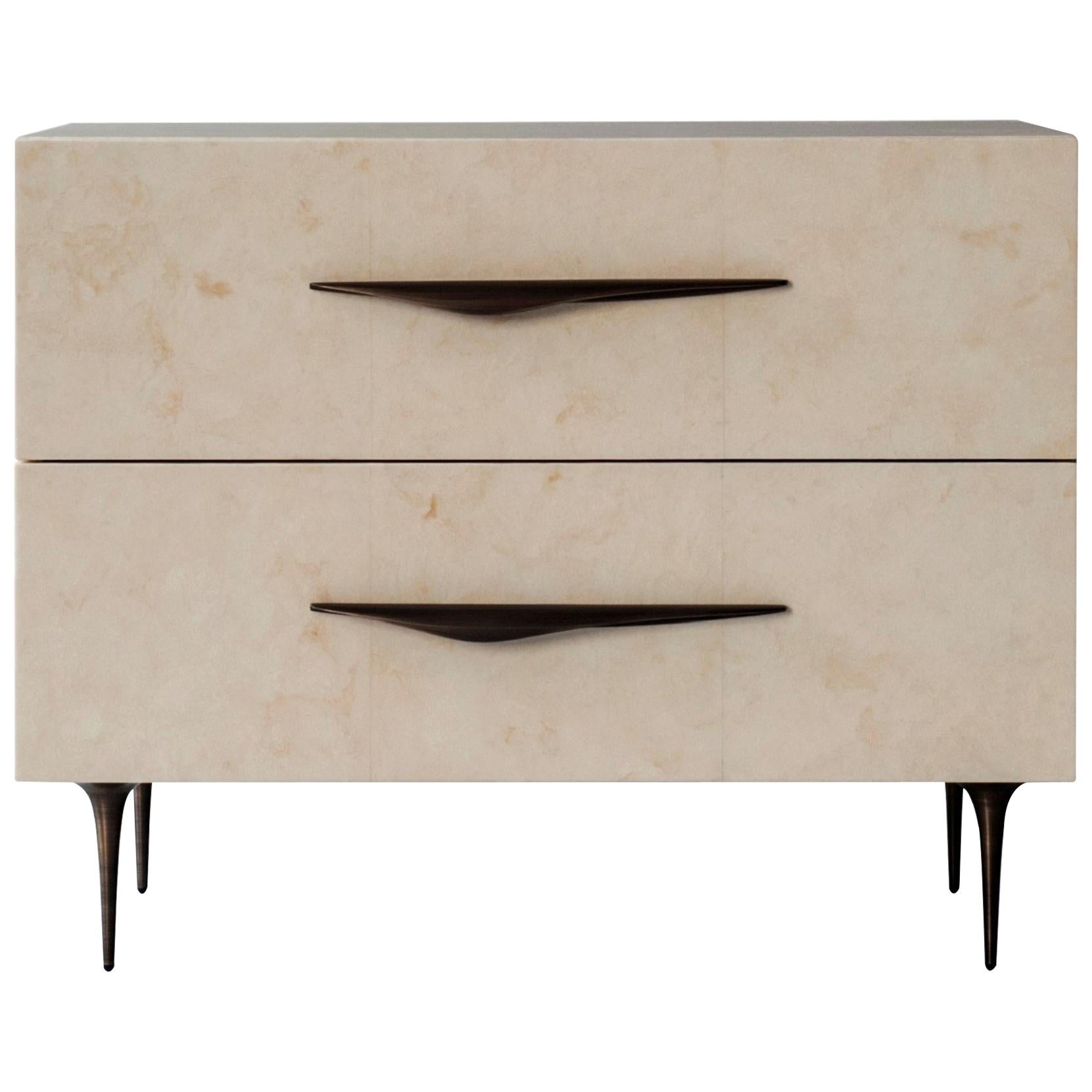 Antwerp Bedside Table by DeMuro Das with Solid Antique Bronze Handles and Legs For Sale