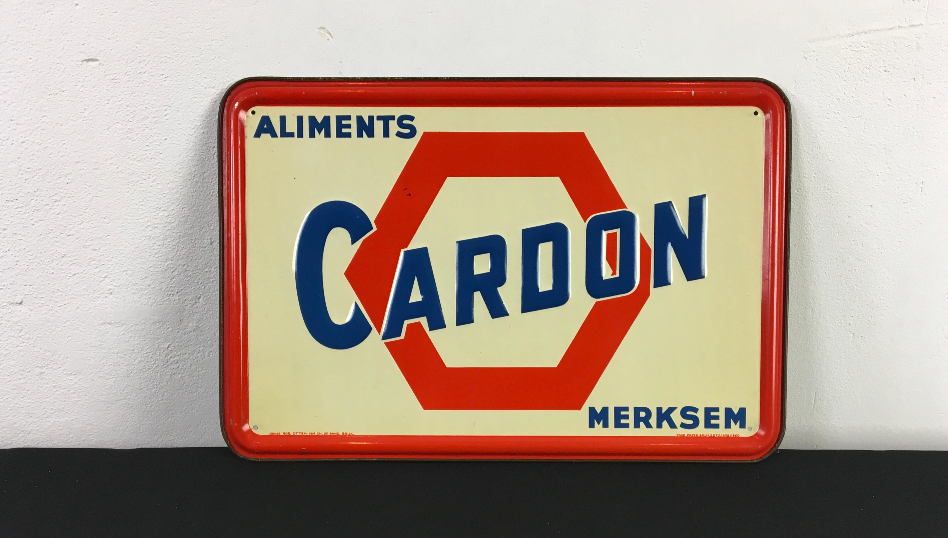 1950s Oil Butchery Sign - Cardon Merksem Antwerp.
A red and blue advertising sign made by Rob Otten Brussels. 

Tin sign with raised edge and relief letters dated 1950.

Antwerp Signs - Oil butchery signs - oil butcher - food industry - red and blue