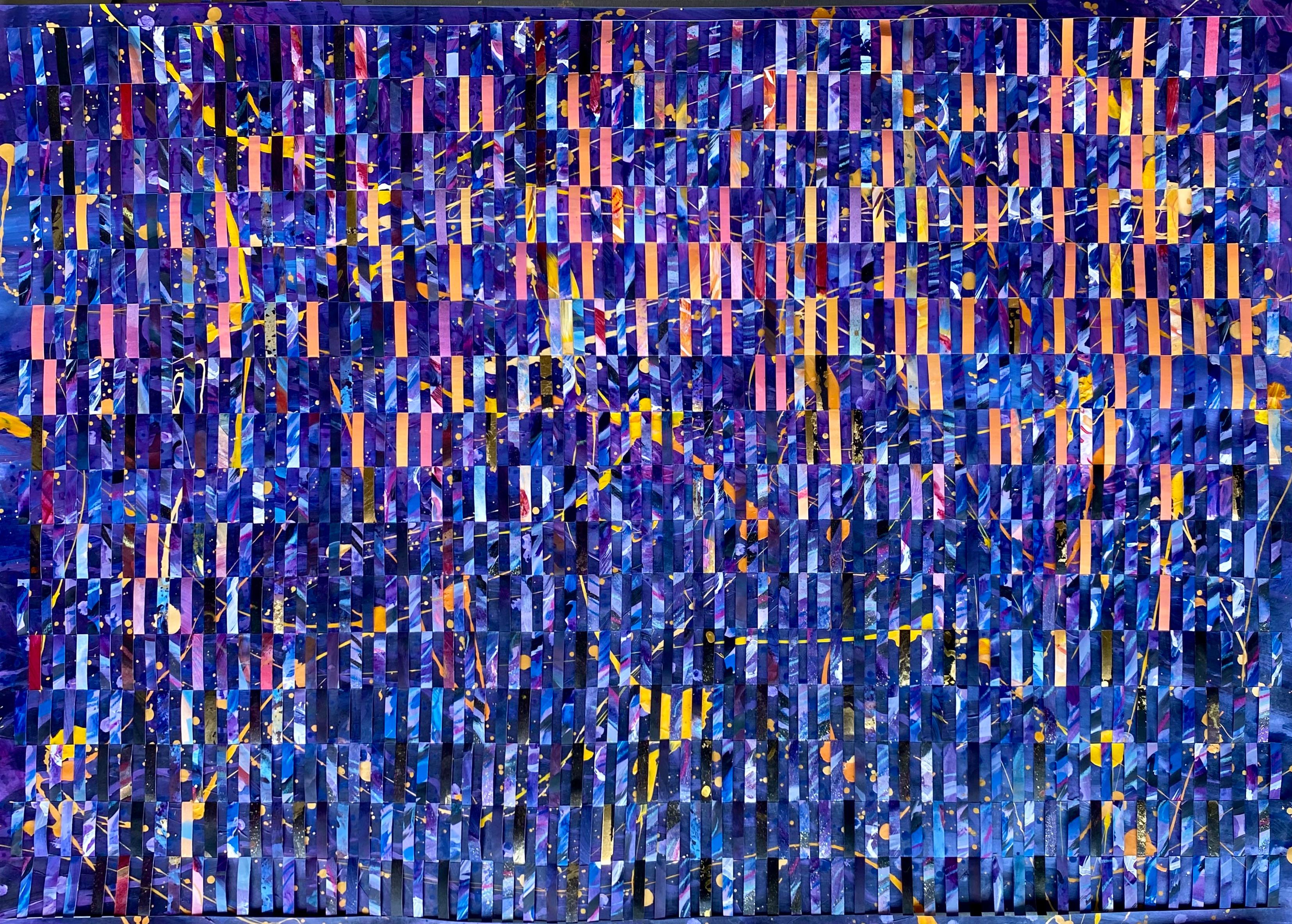 Blaues Gemälde in Mischtechnik auf gewebtem Fabriano-Gemälde „Flashes of Movement“ – Mixed Media Art von Anushka Kempken