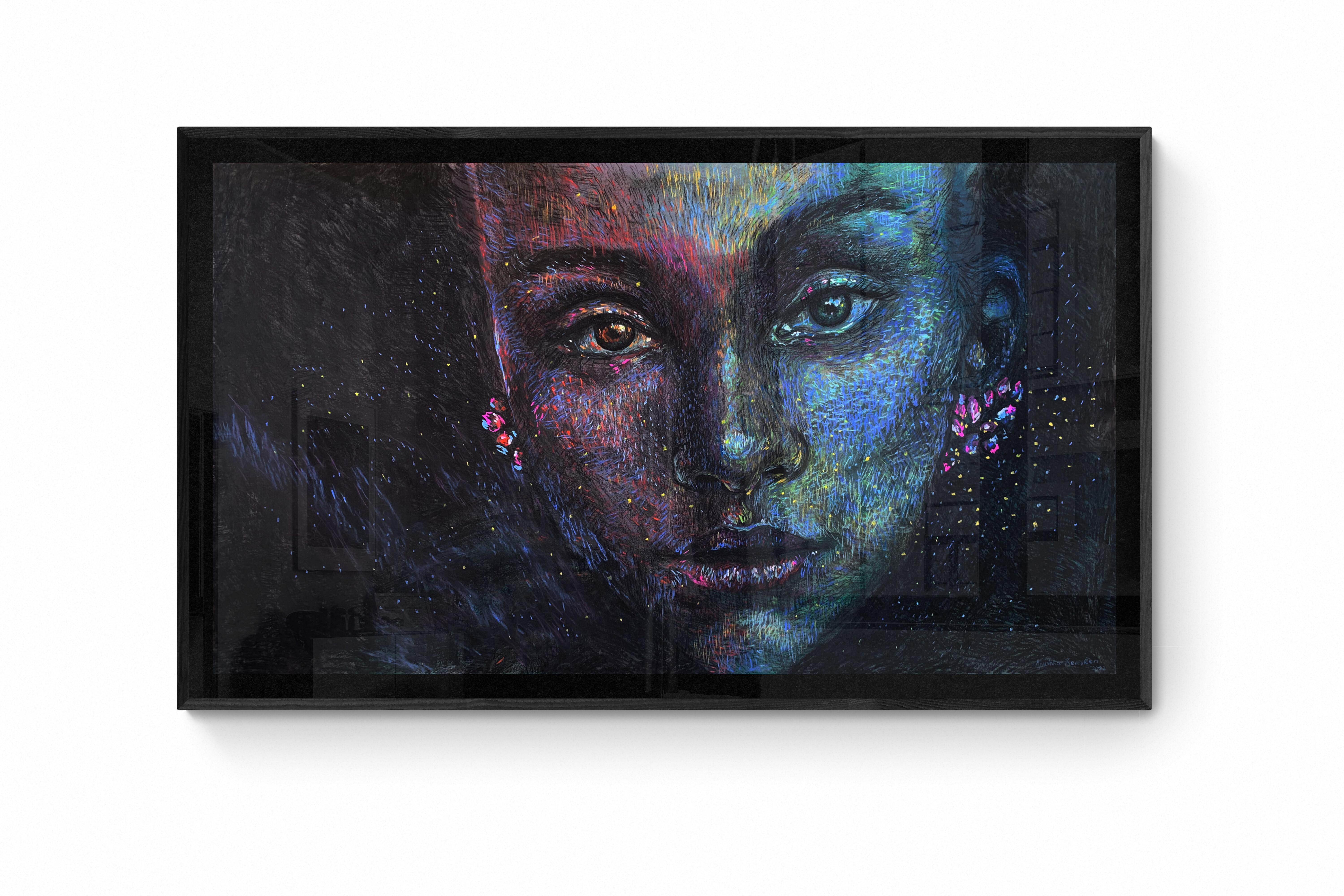 This unique artwork is created with pastels, charcoal, spray paint and acrylic paint on fabriano paper in order to create a complex composition with depth and texture. 
The artwork is framed and floated to the backboard. 
The dimensions of 85 x 150