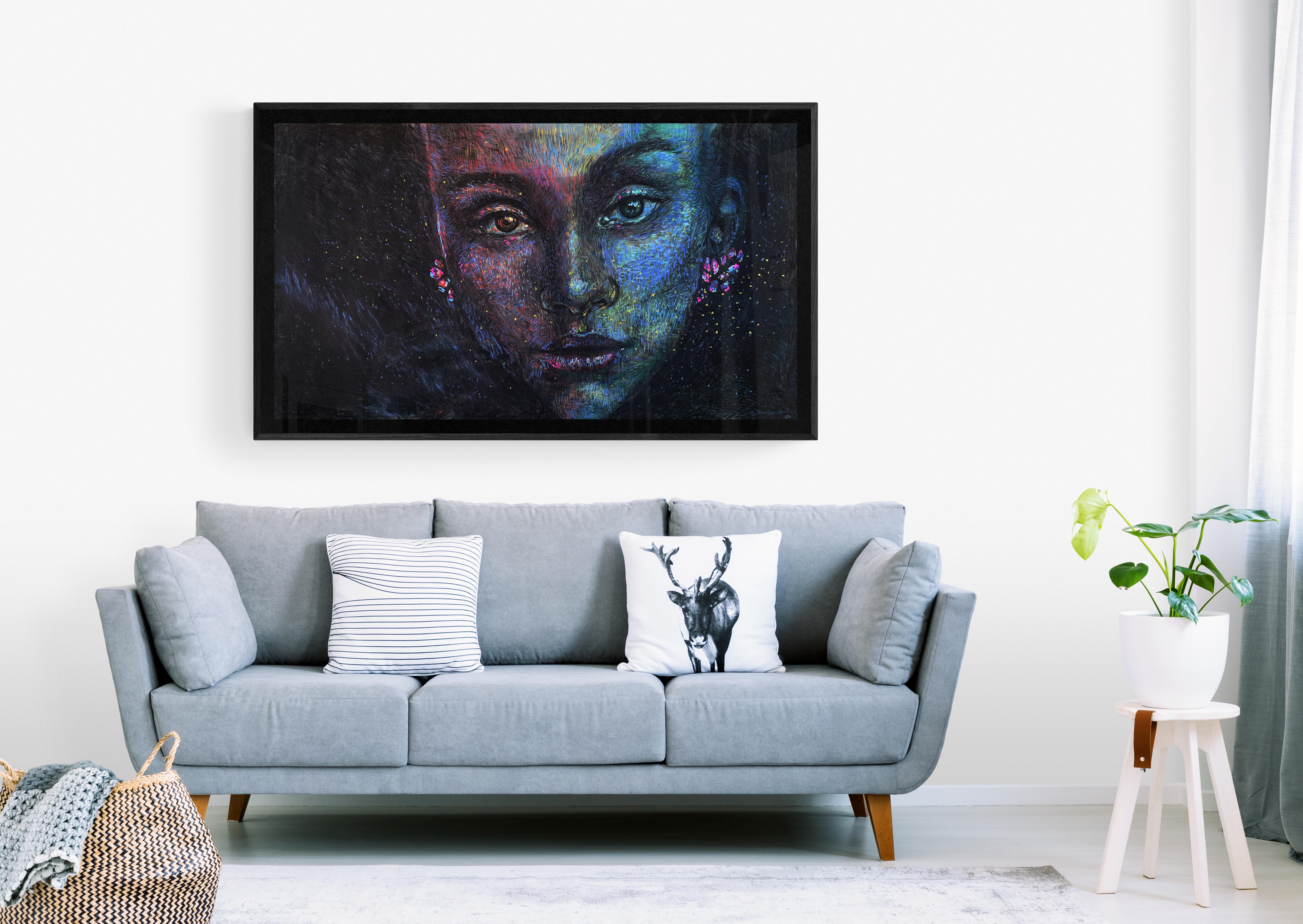 Technique mixte foncée sur peinture de portrait de Fabriano « Welcome Home » (Bienvenue à la maison) - Noir Portrait Painting par Anushka Kempken