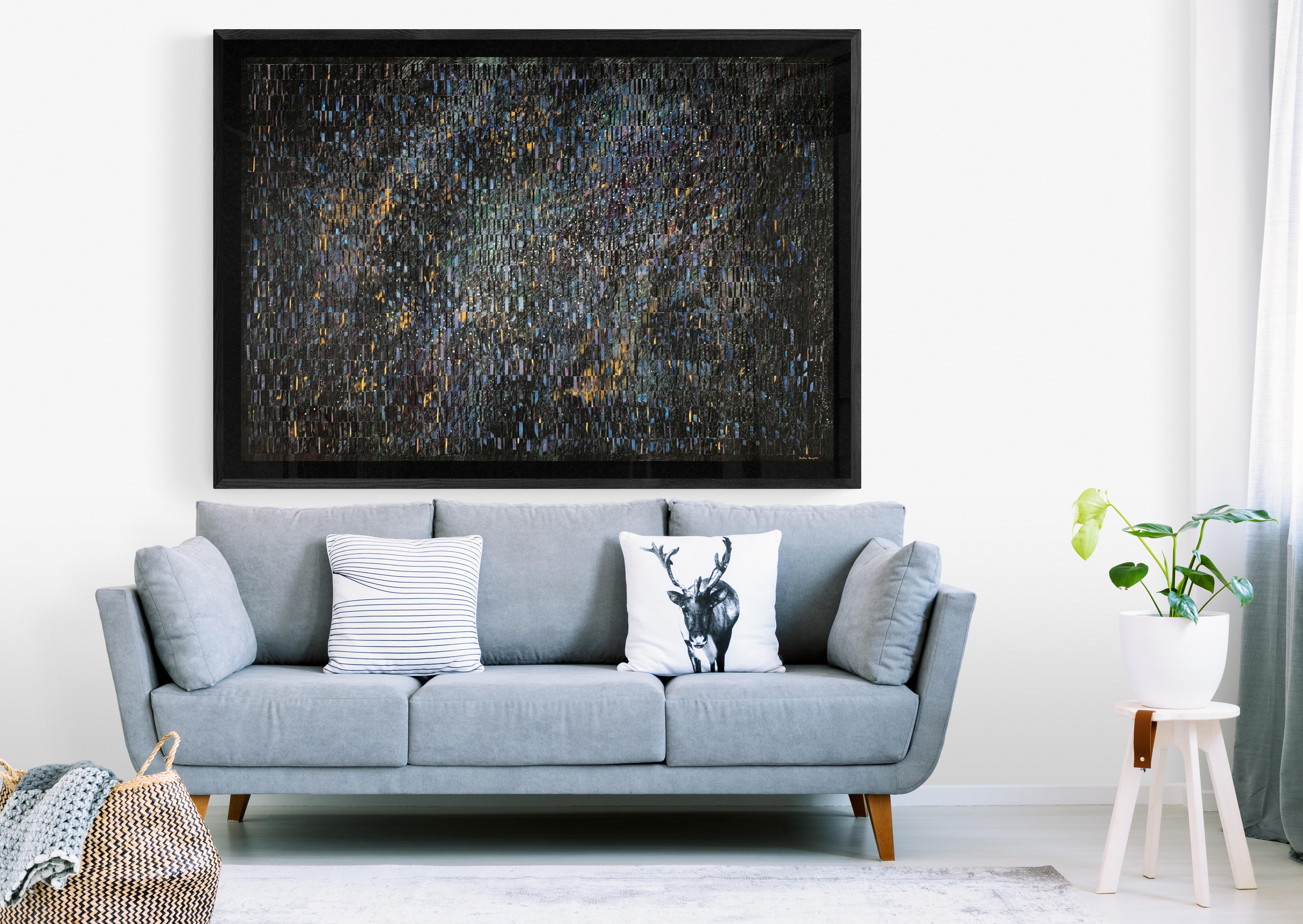 This unique artwork is created through interweaving strips of painted fabriano paper in order to create a complex composition with depth and texture. The artwork is framed and floated to the backboard. The dimensions of 120 x 160 cm are that of the