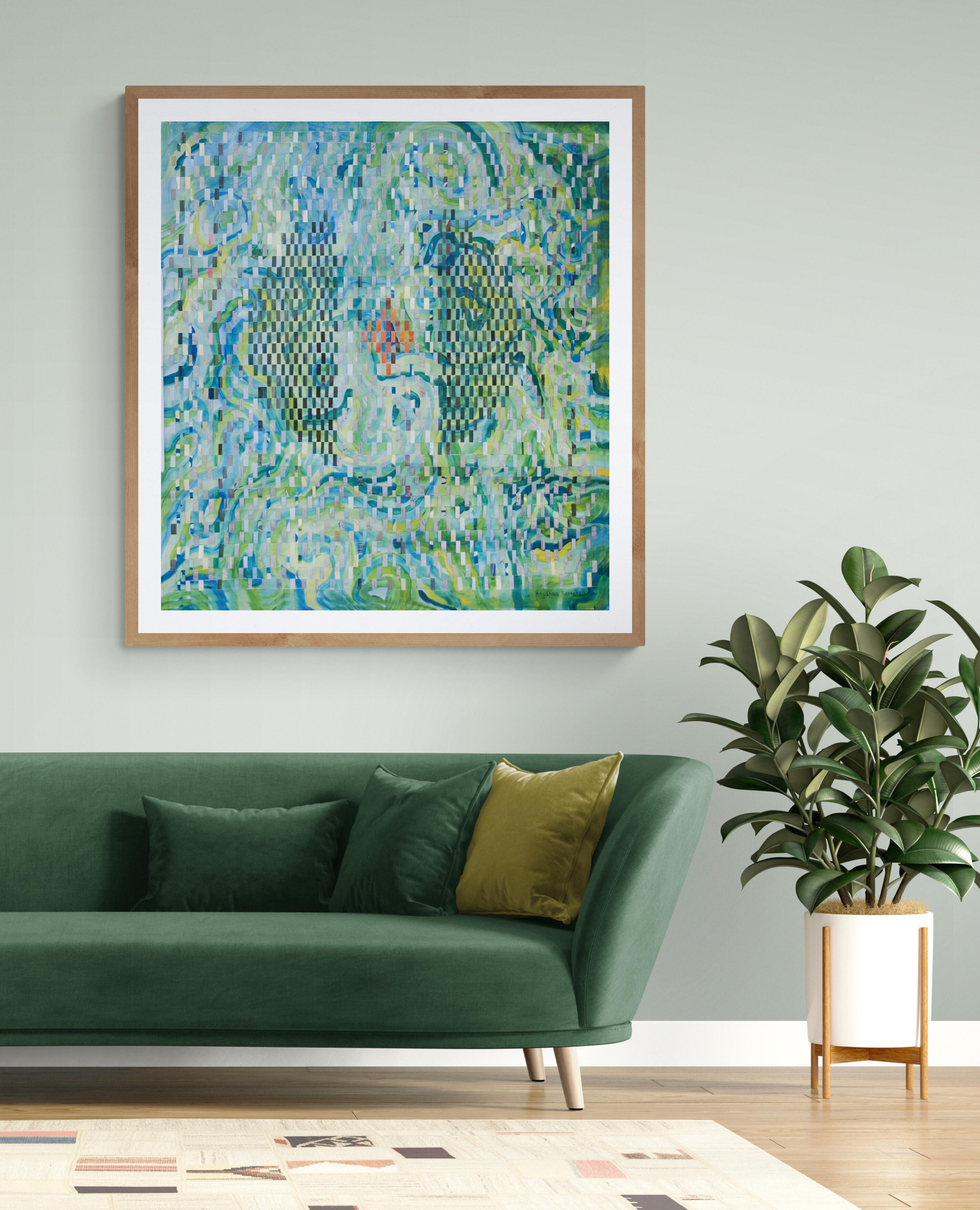 This unique artwork is created through interweaving strips of painted fabriano paper in order to create a complex composition with depth and texture. The artwork is framed and floated to the backboard. The dimensions of 110 x 100 cm are that of the