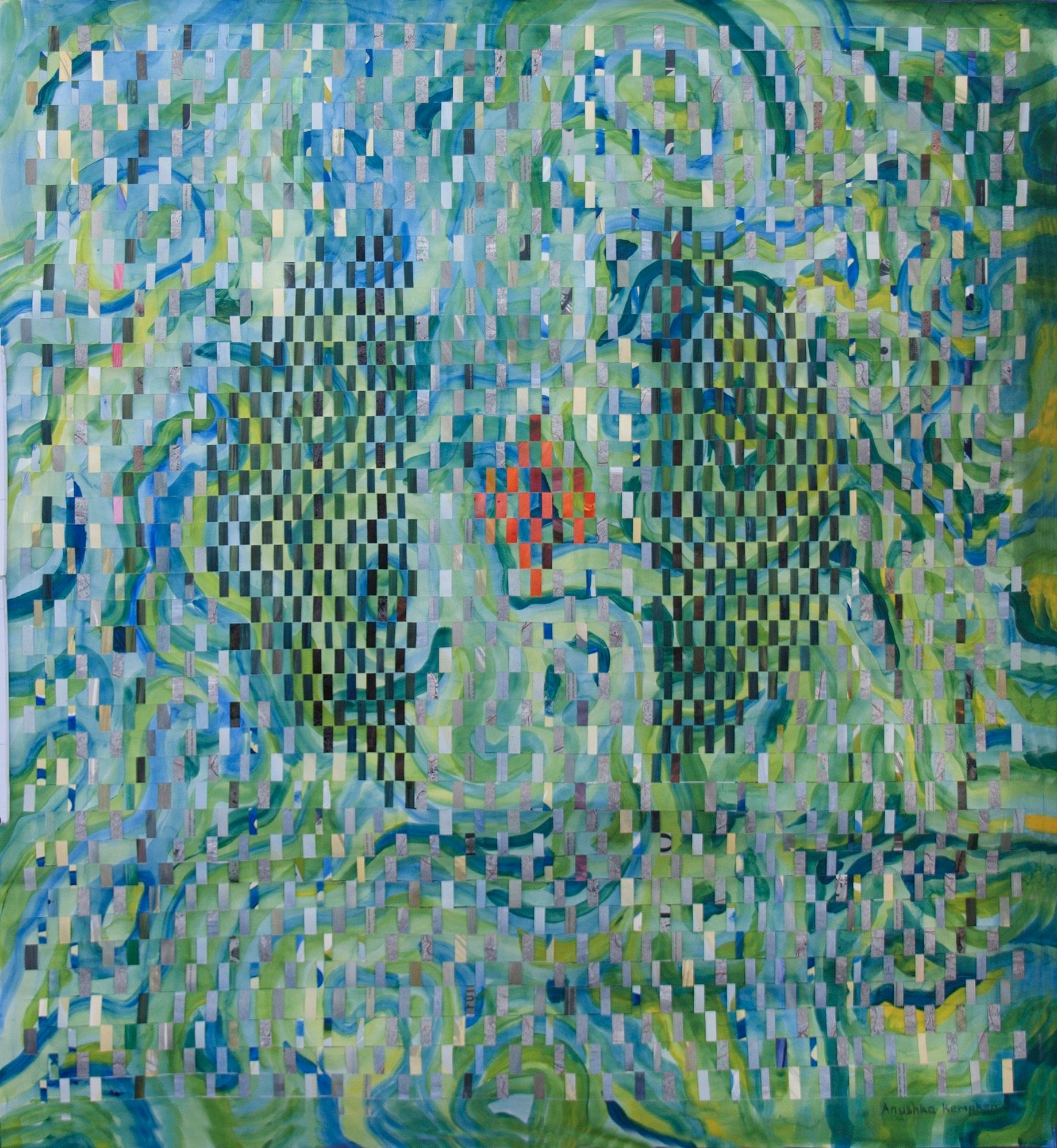 Anushka Kempken Abstract Painting - Green Mixed Media on Woven Fabriano Painting "Sacred Thoughts"