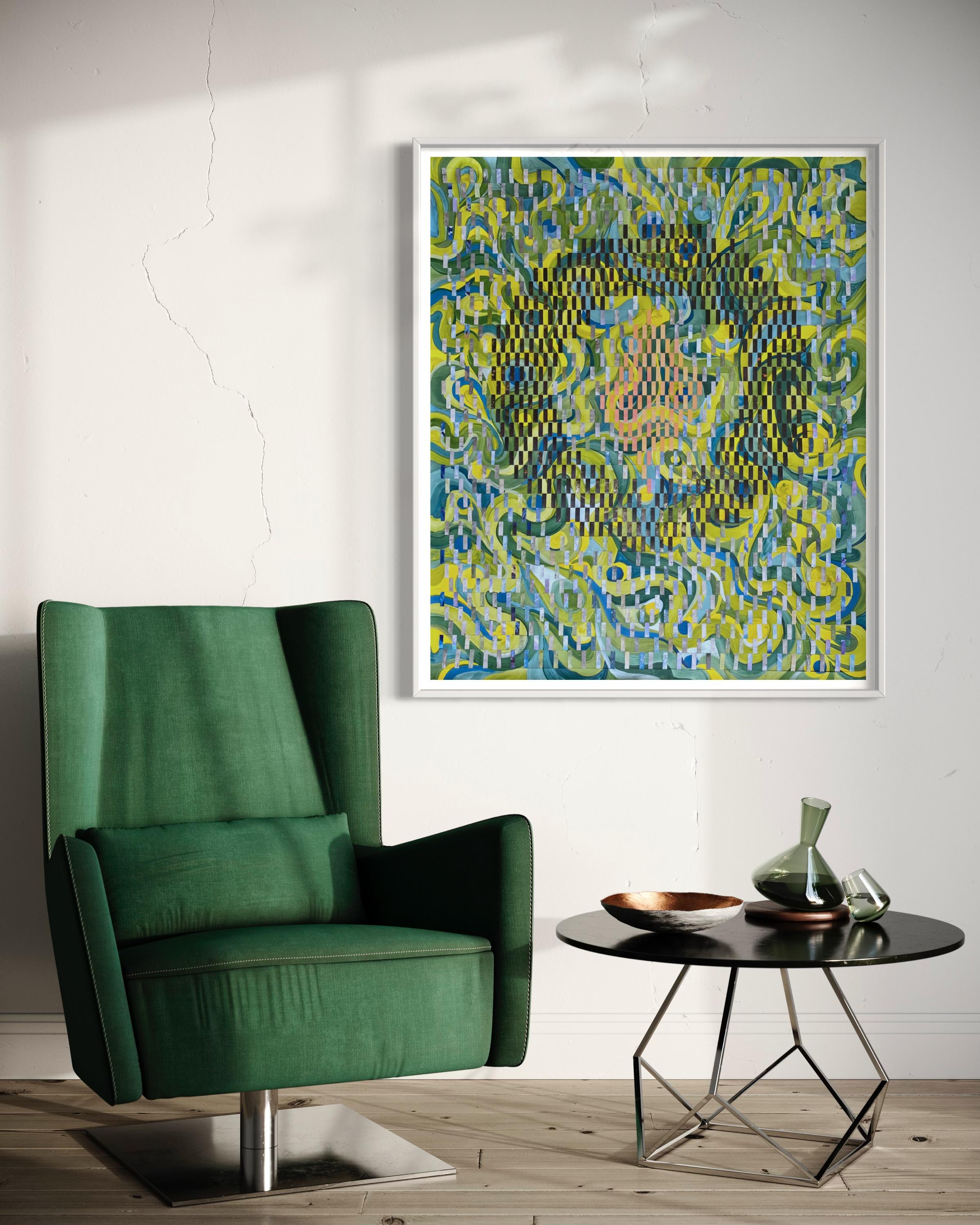 This unique artwork is created through interweaving strips of painted fabriano paper in order to create a complex composition with depth and texture. The artwork is framed and floated to the backboard. The dimensions of 120 x 100 cm are that of the