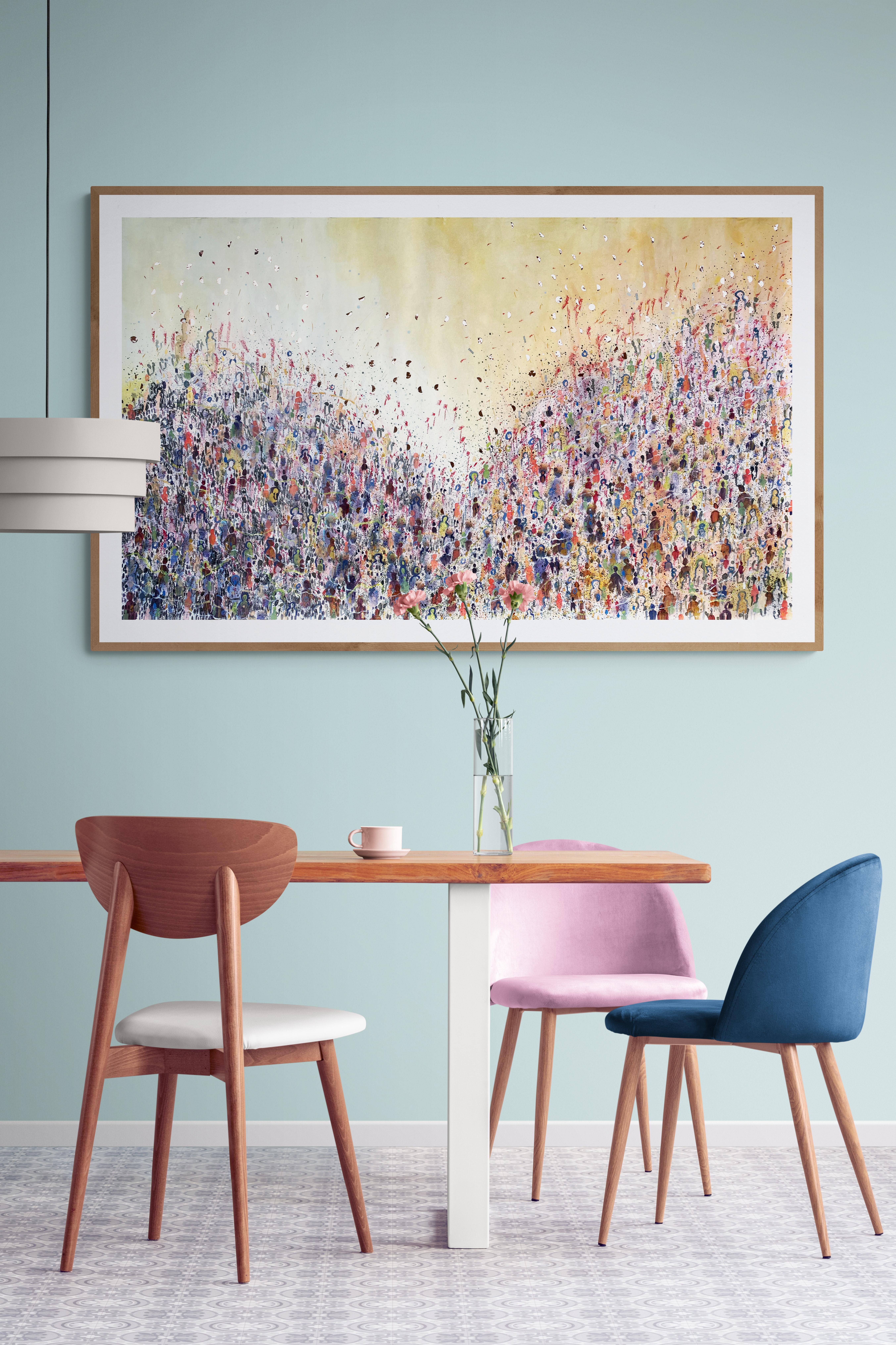 This unique artwork is painted on fabriano paper in order to create a complex composition with depth and texture. The artwork is framed and floated to the backboard. The dimensions of 100 x 150 cm are that of the artwork only, excluding the size of
