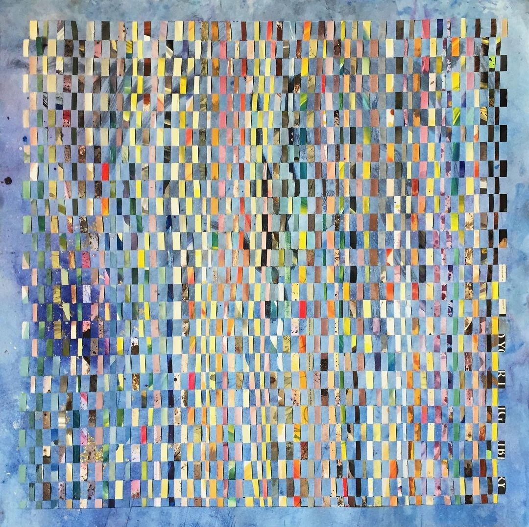 This unique artwork is created through interweaving strips of painted fabriano paper in order to create a complex composition with depth and texture. The artwork is framed and floated to the backboard. The dimensions of 60 x 60 cm are that of the