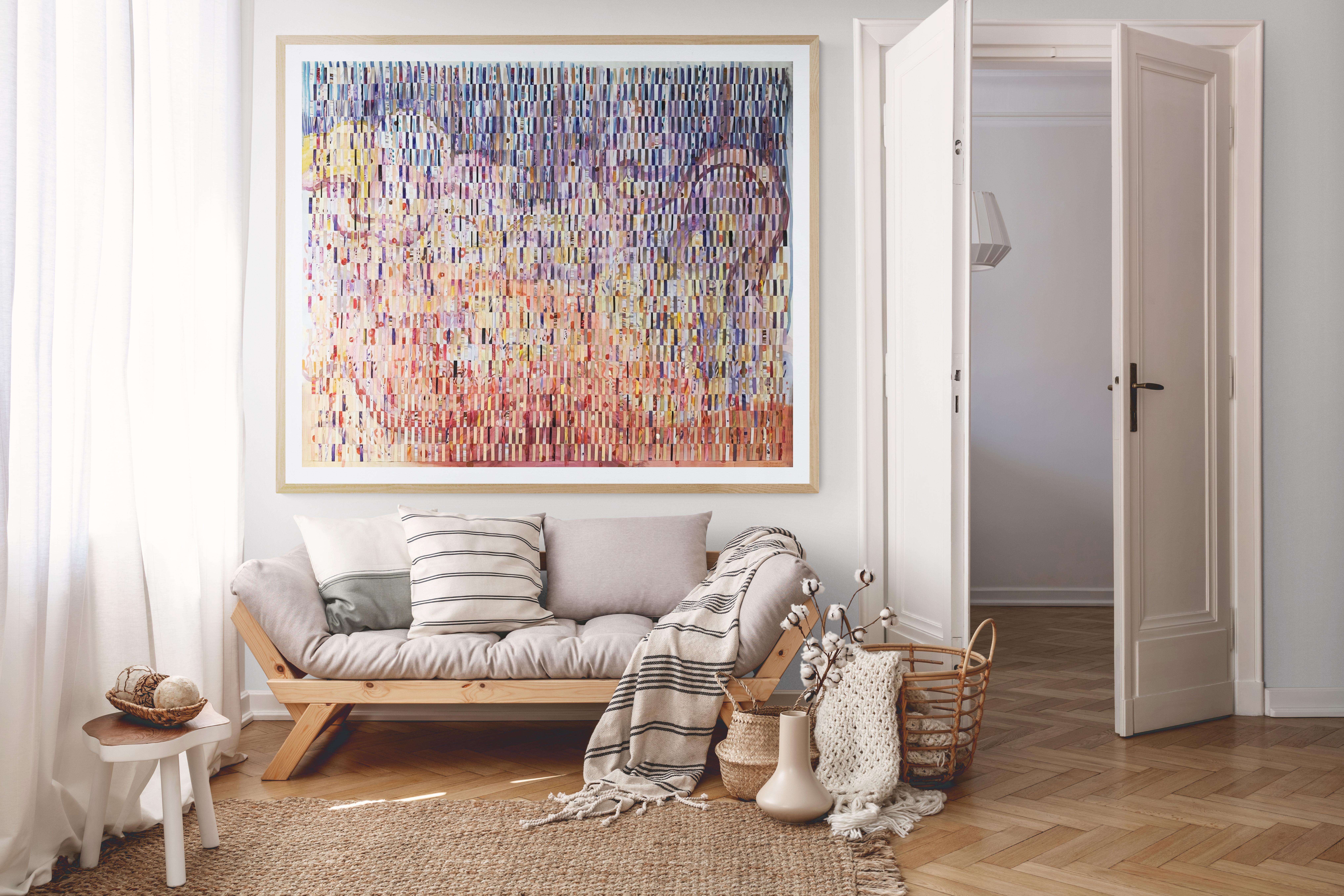 This unique artwork is created through interweaving strips of painted fabriano paper in order to create a complex composition with depth and texture. The artwork is framed and floated to the backboard. The dimensions of 125 x 150 cm are that of the
