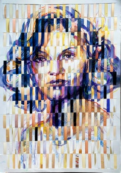 Peinture de portrait "Dame en bleu" sur tissu Fabriano