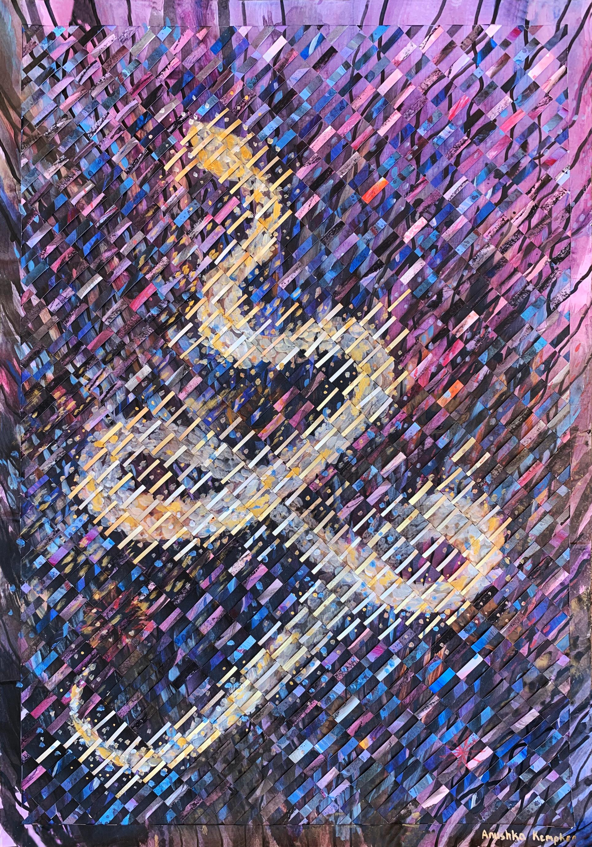Mixed Media auf gewebtem Fabriano-Gemälde „KaliMa“ in Violett