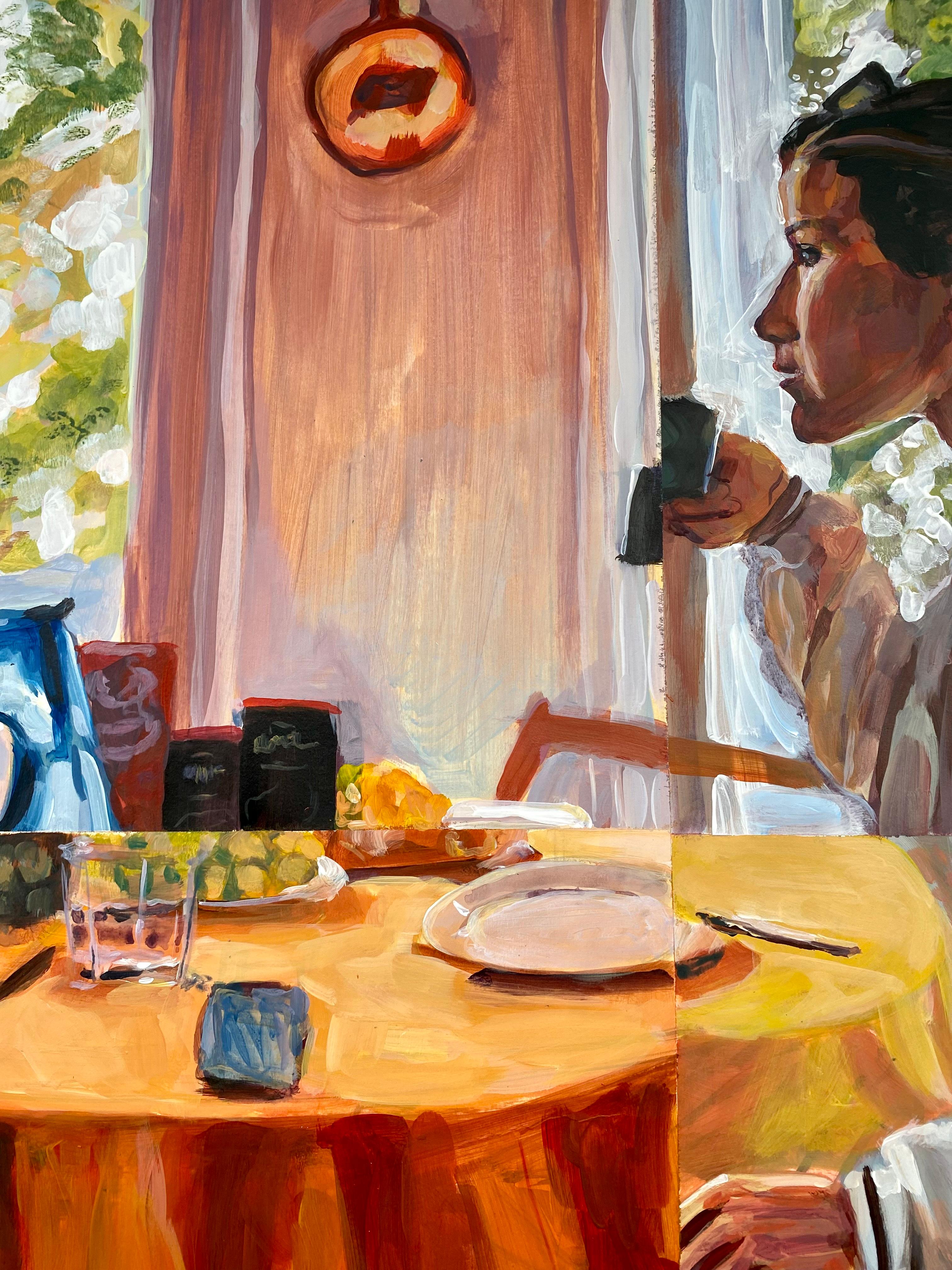 This artwork of two women drinking coffee. It is an intriguing piece that captures the complexity of time and its connection to individual experiences.

The artwork is split up into six frames, each one created separately in order to focus on the