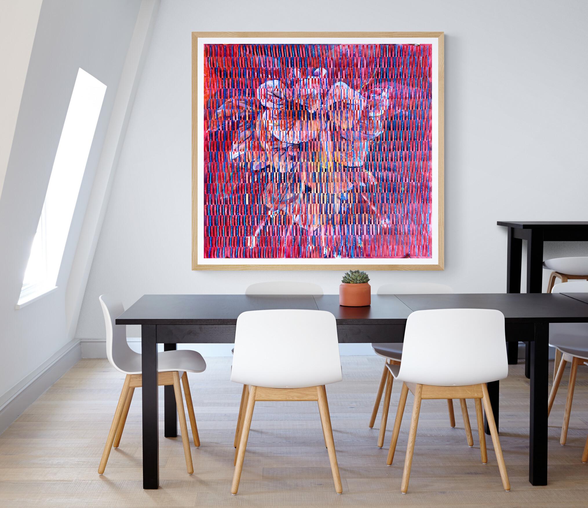 This unique artwork is created through interweaving strips of painted fabriano paper in order to create a complex composition with depth and texture. 
The artwork comes framed and floated to the backboard. The dimensions of 138 x 150 cm are that of