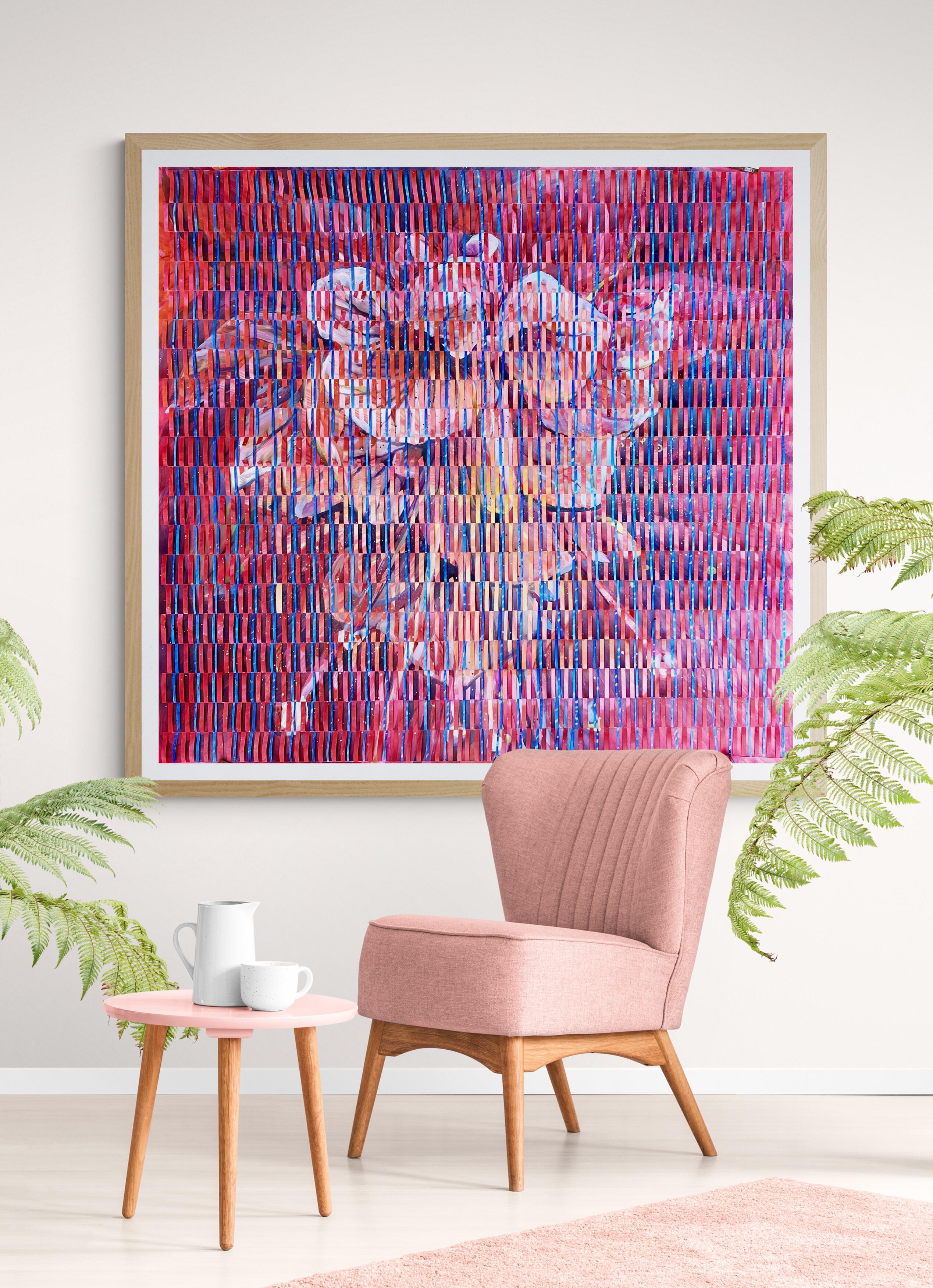 Rosa Gemälde in Mischtechnik auf gewebtem Fabriano-Gemälde „Blooming“ (Pink), Still-Life Painting, von Anushka Kempken