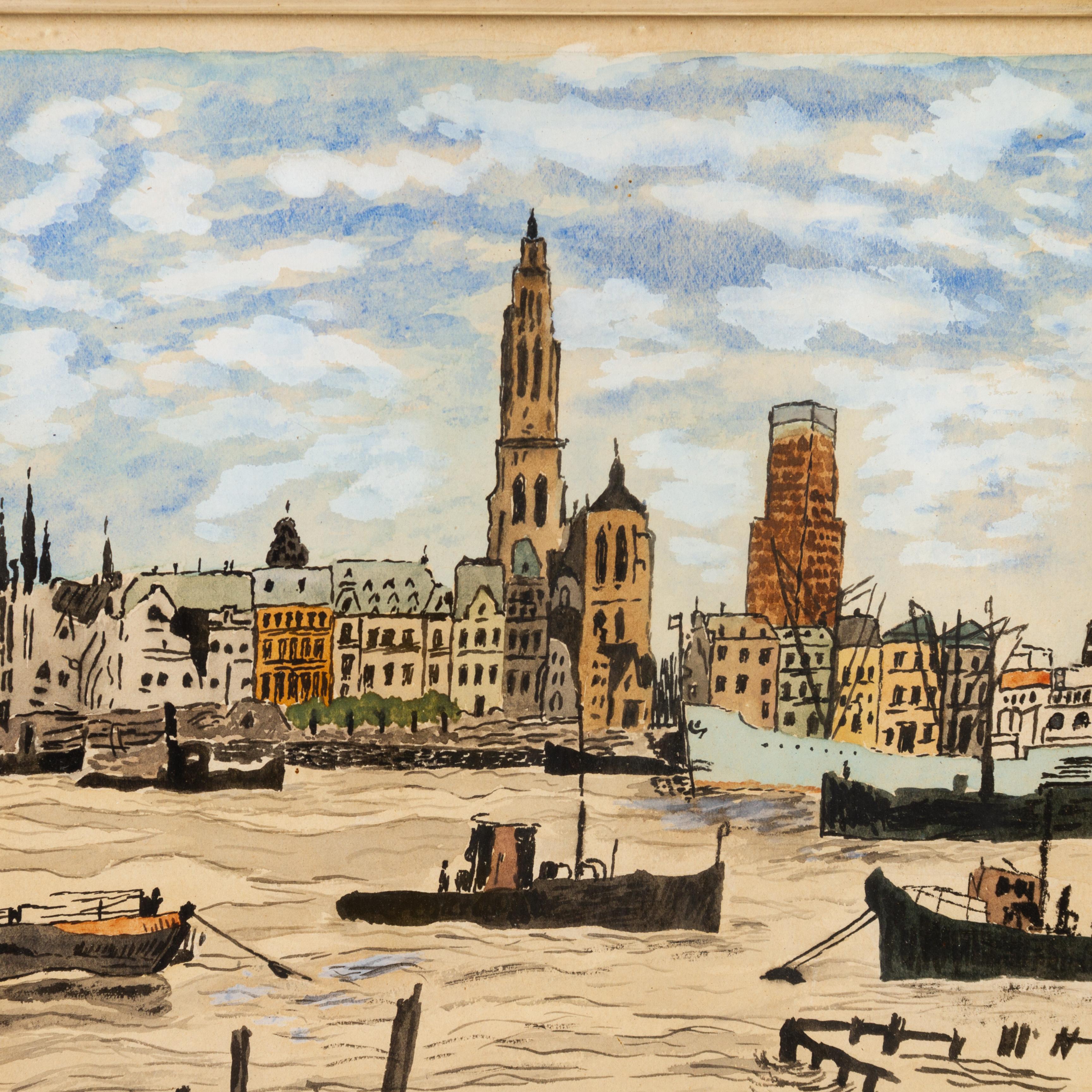 Anvers Harbour Belgian Signed Watercolour Painting In Good Condition For Sale In Nottingham, GB
