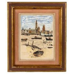 Vintage Anvers Harbour Belgian Signed Watercolour Painting