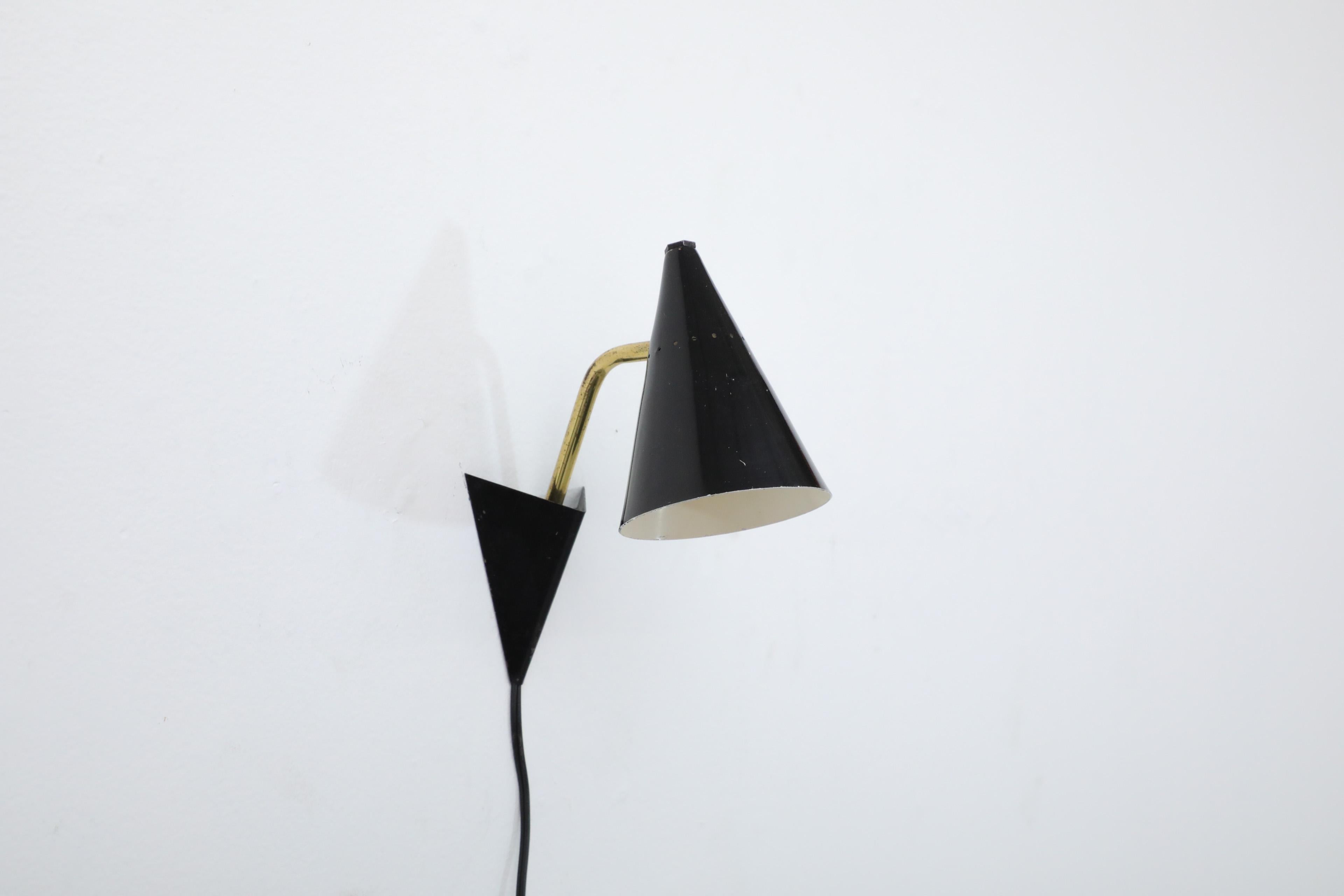 Mid-20th Century Anvia Attributed Little Black Enameled Conical Wall Mount Reading Light For Sale