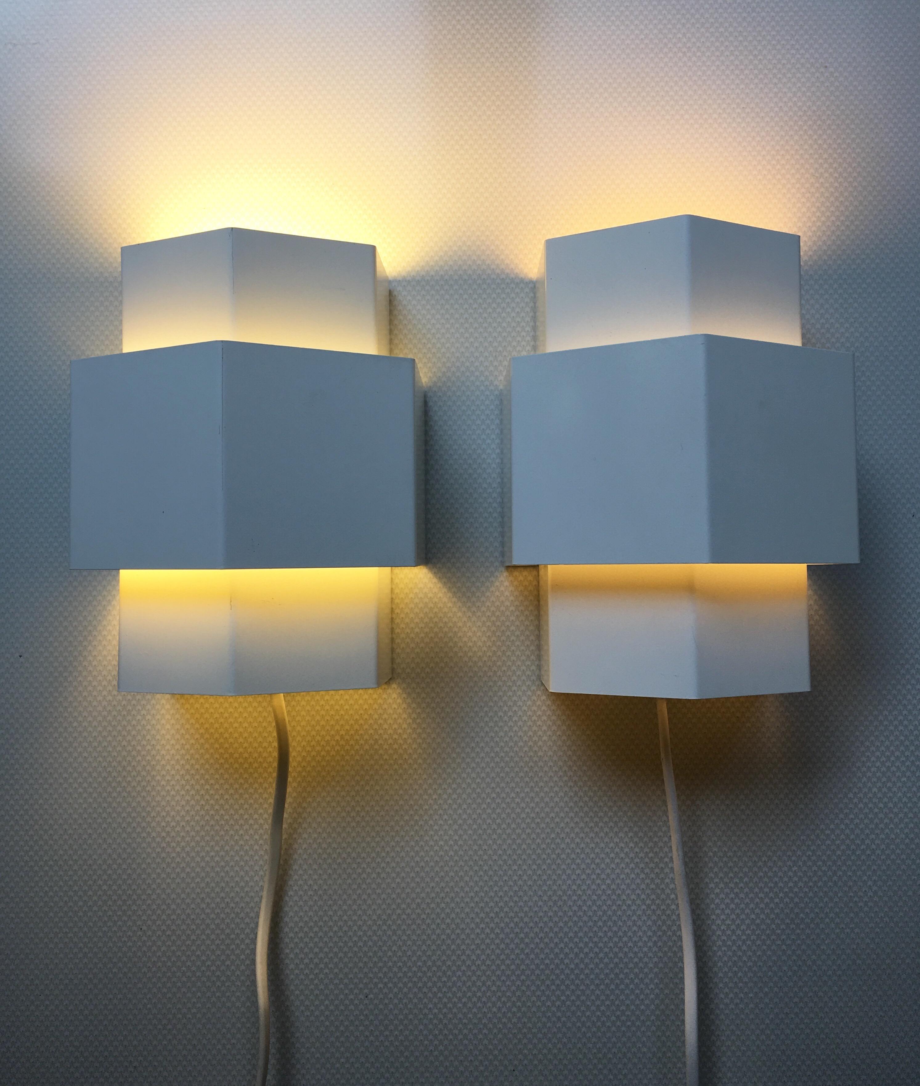 Scandinavian Modern Anvia, Pair of Two White Metal Sconces, Wall Lamps, circa 1960s