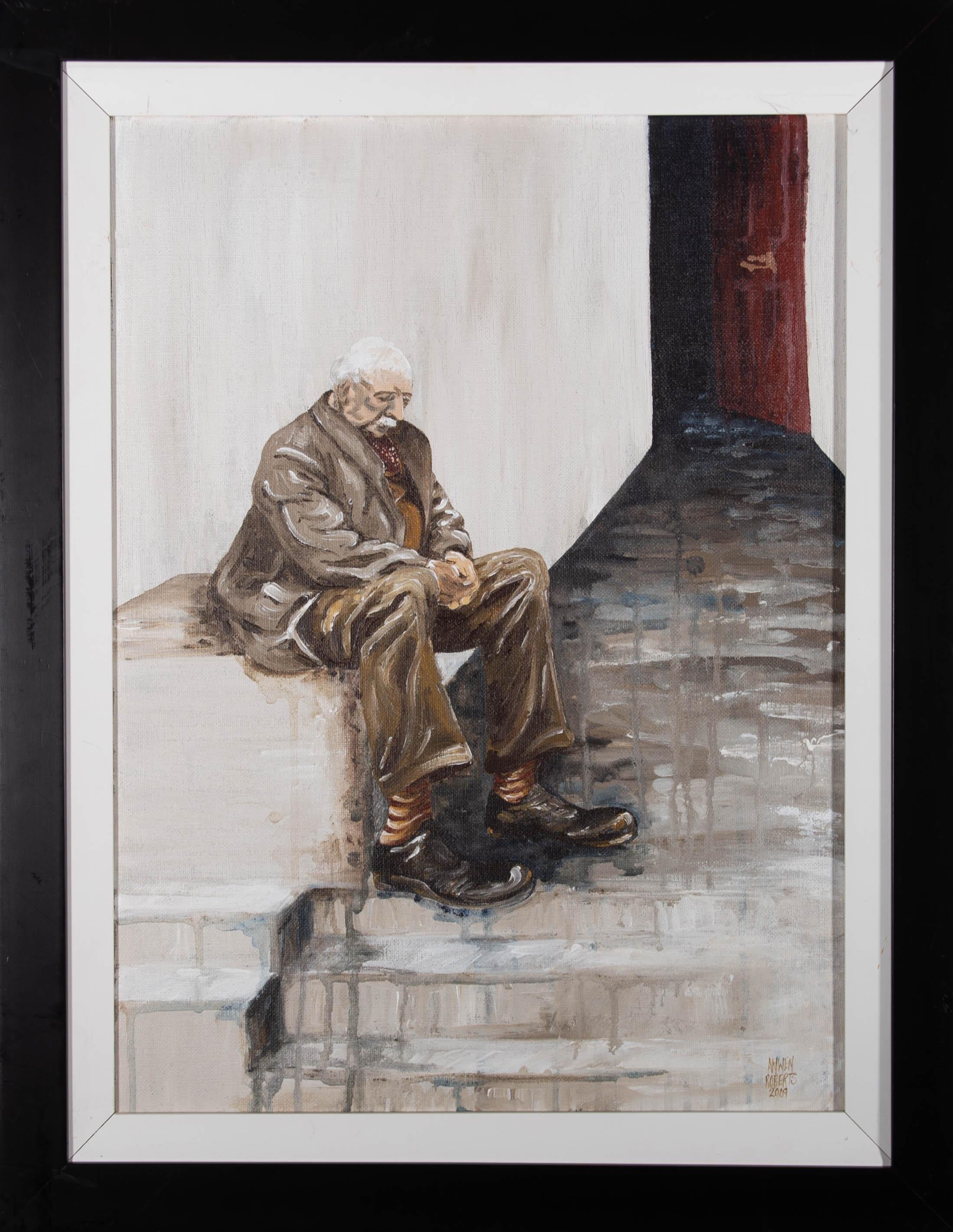 Un olio contemporaneo emotivo che mostra un uomo anziano e solenne seduto sui gradini di una casa con la porta d'ingresso che si apre su un interno buio. L'artista ha apposto la sua firma e la data nell'angolo in basso a destra e il dipinto è stato