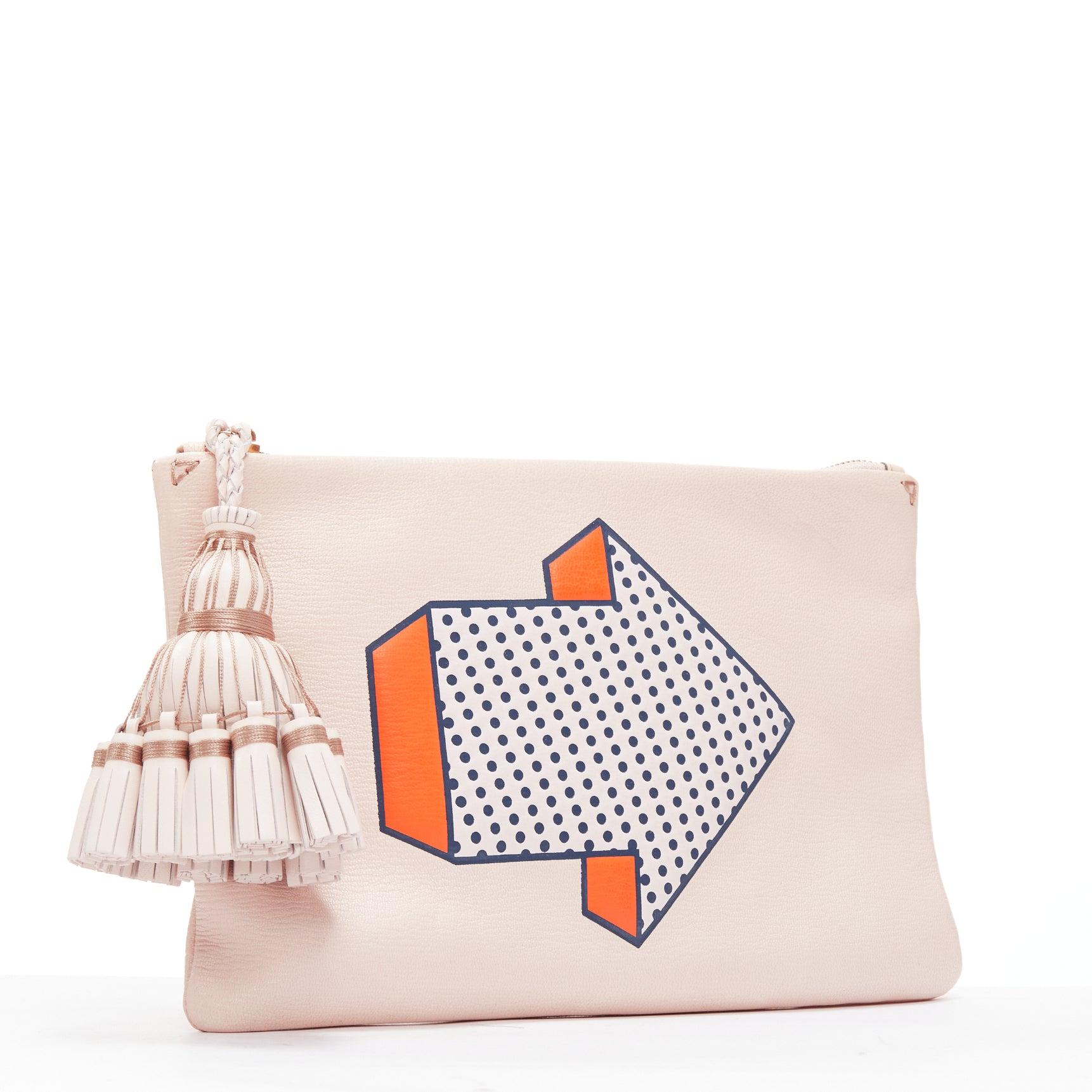 Beige ANYA HINDMARCH 2015 Runway Arrow beige orange leather tassel pouch clutch bag For Sale