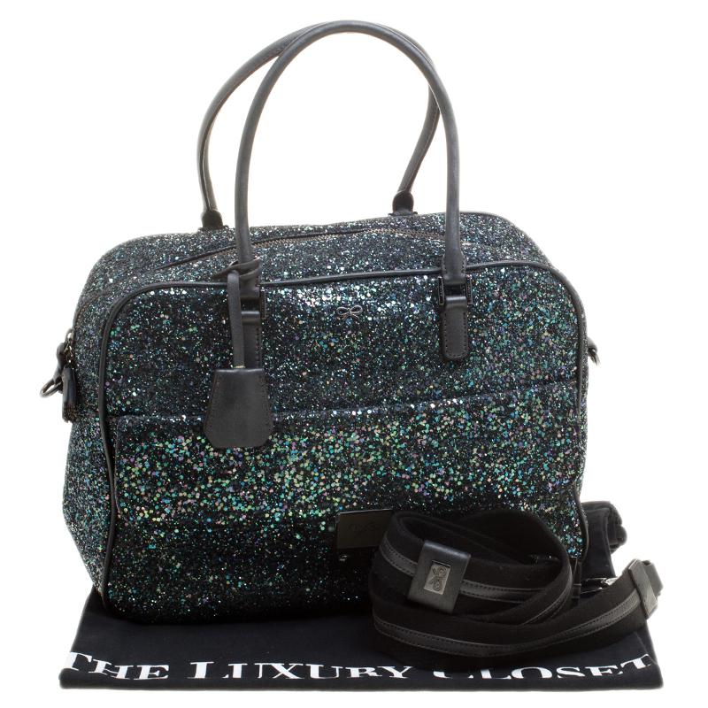 Anya Hindmarch Black Glitter and Leather Carker Boston Bag 4