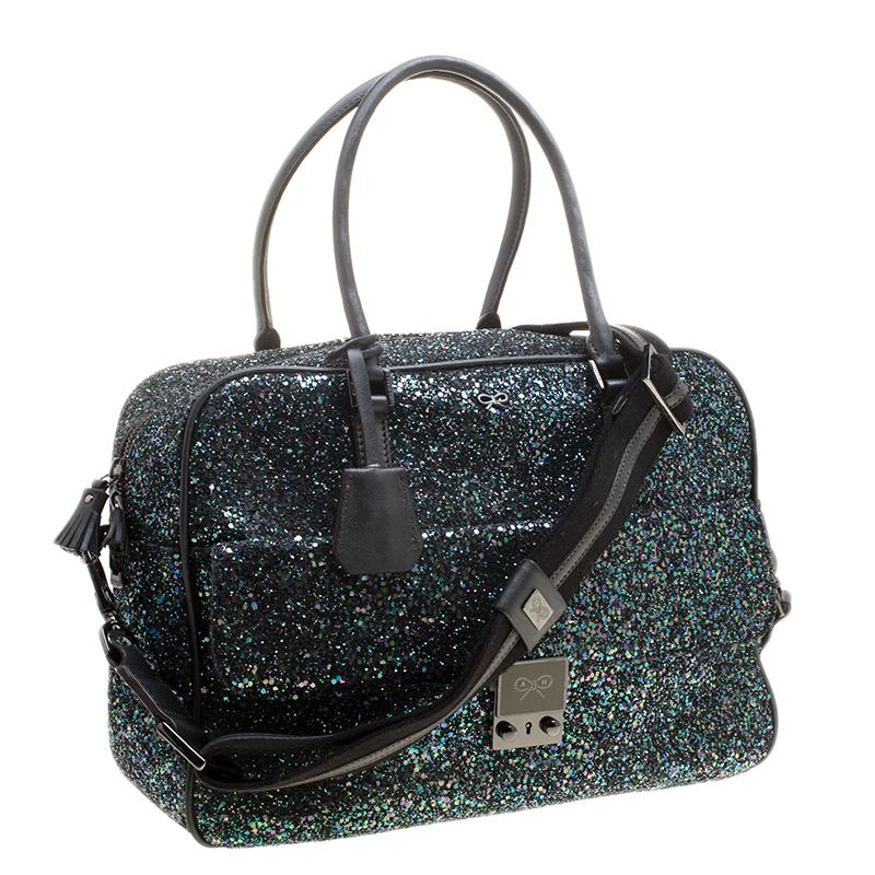 Anya Hindmarch Black Glitter and Leather Carker Boston Bag In Good Condition In Dubai, Al Qouz 2
